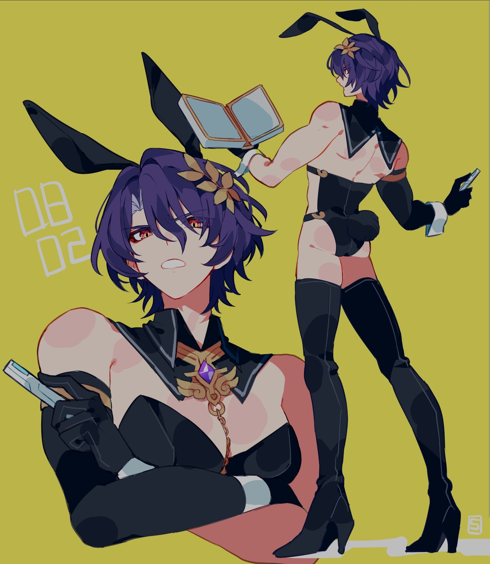 bunnysuit, dr. ratio (honkai: star rail), heel boots, heeled boots, heels, honkai (series), honkai: star rail, male, male focus, male only, thighhighs