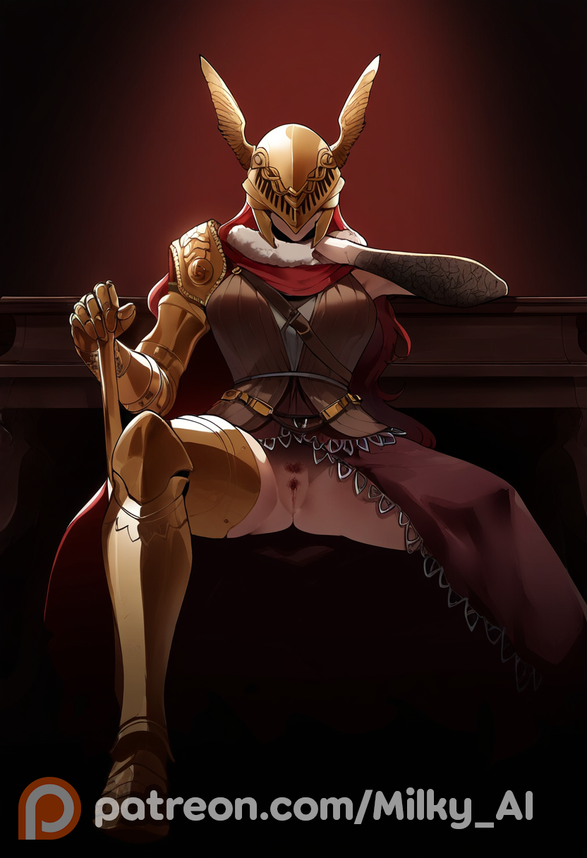 ai_generated big_breasts breasts elden_ring female from_below hi_res malenia_blade_of_miquella milky_ai portrait pubic_hair pussy sitting spread_legs thiccwithaq_(ai_style) thick_thighs wet