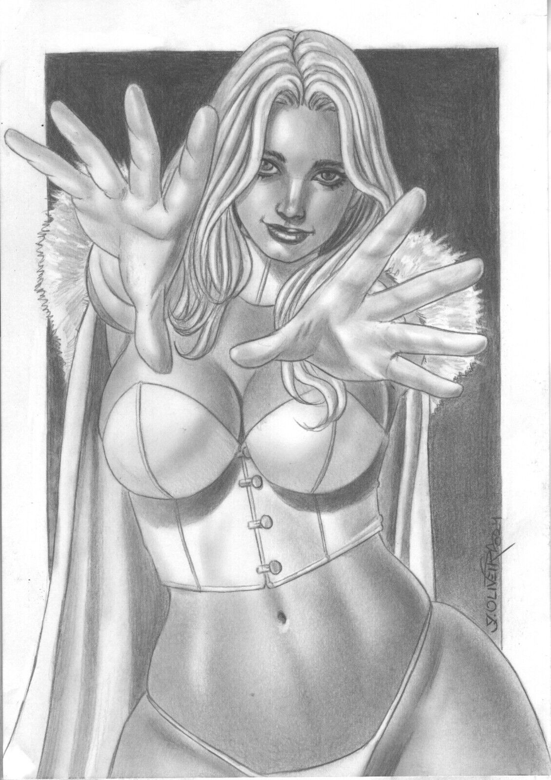 black_and_white breasts cleavage ed_benes_studio emma_frost fabiano_oliveira graphite_(artwork) grayscale large_breasts marvel marvel_comics monochrome panties traditional_media white_queen x-men