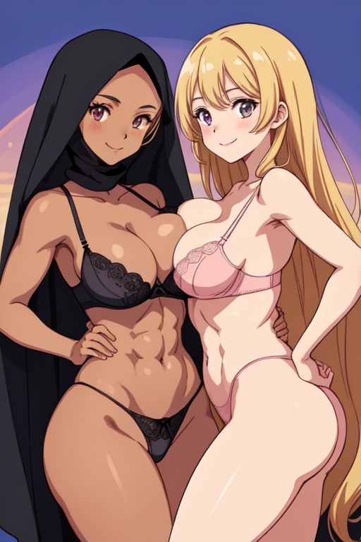 2girls abs ai_generated bare_shoulders big_breasts black_bra black_lingerie black_panties blonde blonde_female blonde_hair burka cleavage dark-skinned_female dark_skin hand_on_ass hand_on_waist hijab hourglass_figure light-skinned_female light_skin lingerie lingerie_only looking_at_viewer muslim muslim_female navel pink_bra pink_lingerie pink_panties posing posing_for_the_viewer purple_eyes simple_background slim_waist smile smiling_at_viewer underwear wide_hips