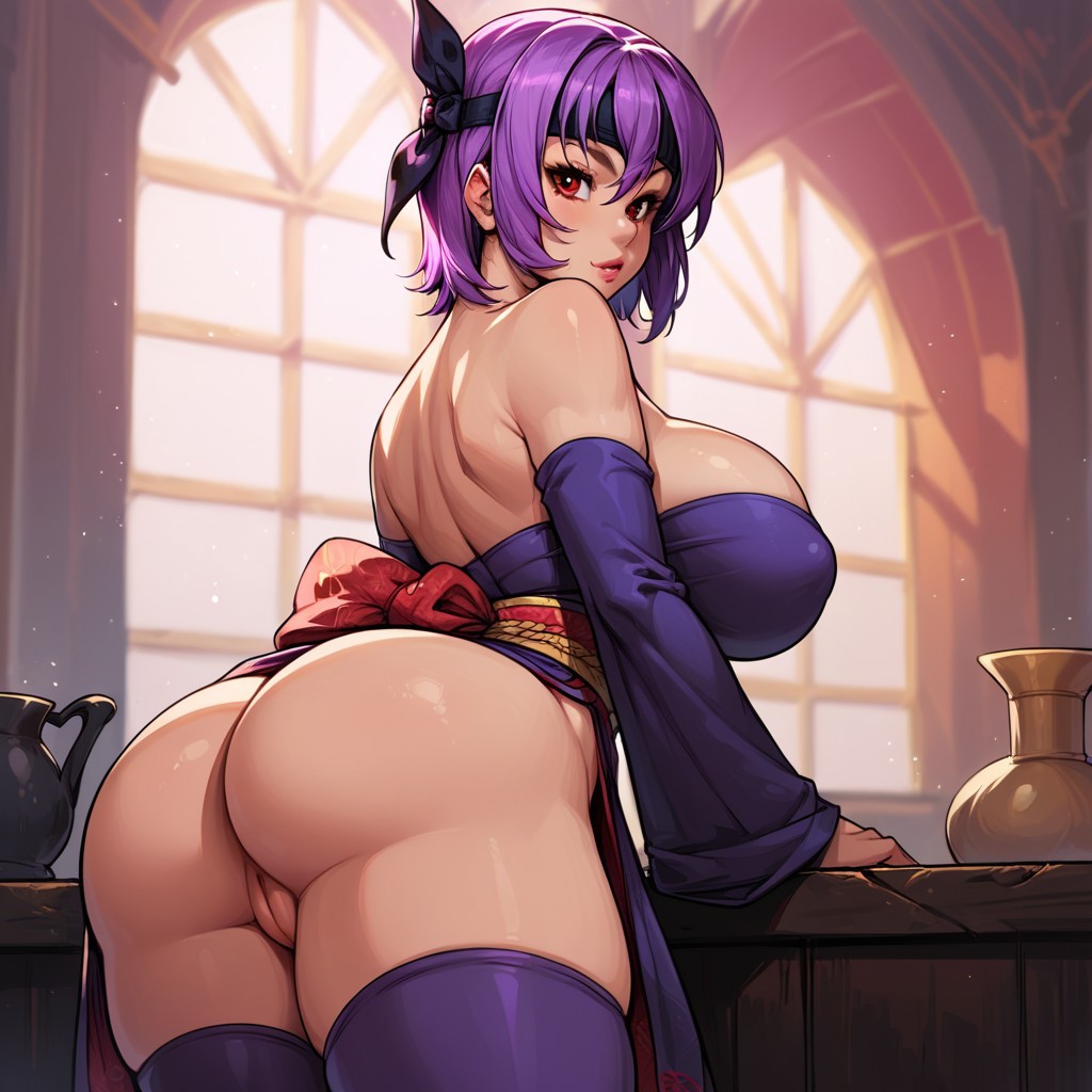 ai_generated ass ayane_(doa) bangs bare_shoulders black_legwear black_thighhighs blush breasts clothing dead_or_alive detached_sleeves dress elbow_gloves female female female_only from_behind gloves hair_between_eyes hair_ornament headband huge_ass huge_breasts indoors large_ass large_breasts leaning_forward legwear lips long_sleeves looking_at_viewer looking_back nopan parted_lips purple_hair purple_thighhighs red_eyes robe sash shiny shiny_skin short_hair skindentation smile solo standing strapless thick_ass thick_thighs thighhighs thighs traditional_clothes vagina