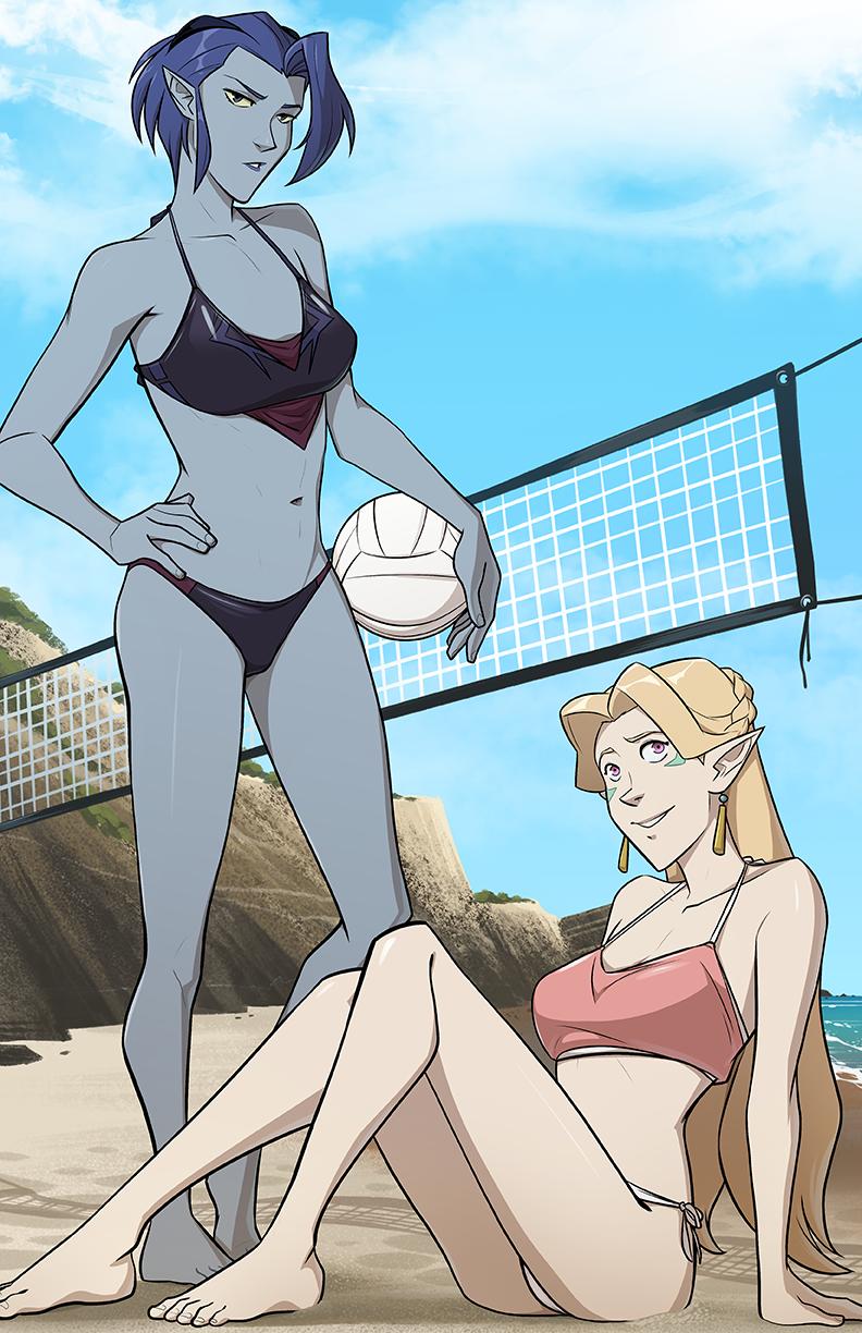 2girls acxa alien barefoot beach bikini blonde_hair blue_hair blue_skin earrings female long_hair ocean pale-skinned_female pale_skin pointy_ears romelle short_hair swimsuit tagme volleyball volleyball_net voltron voltron:_legendary_defender zet13