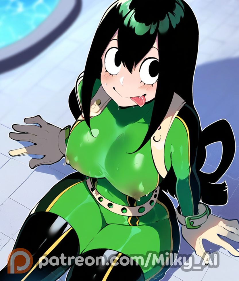 1girls ai_generated bodysuit boku_no_hero_academia cute female frog_girl from_above green_hair hi_res imminent_oral imminent_sex licking_lips long_hair looking_at_viewer milky_ai my_hero_academia oral patreon petite portrait see-through sitting slim street teenager thiccwithaq_(ai_style) thick_thighs tongue_out tsuyu_asui tsuyu_asui_(hero_outfit) wet