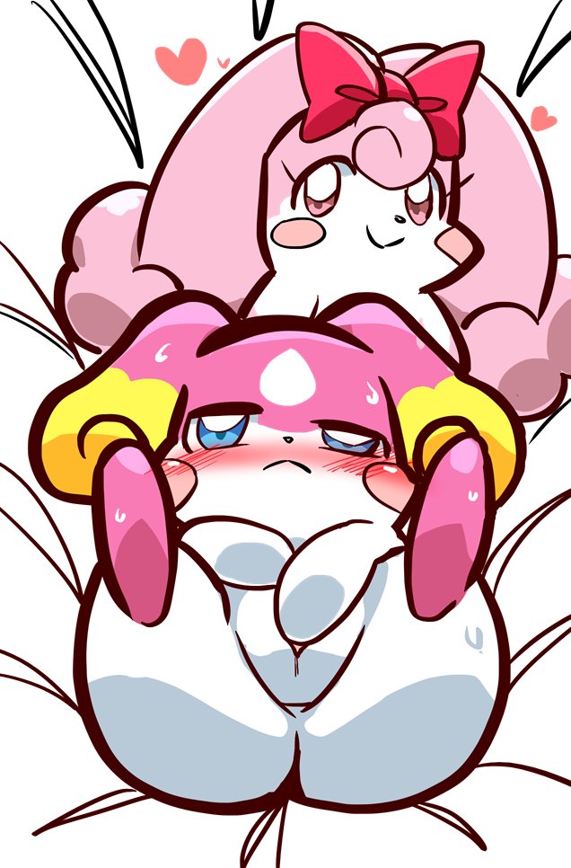 anthro bed_sheet bedding blue_eyes blush cocotama duo embarrassed eyelashes female fur half-closed_eyes heart himitsu_no_cocotama kemonagari looking_at_viewer lying melory nude on_back pink_eyes pink_fur pussy ribbons sweat teppuru_(cocotama)