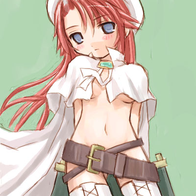 1girls anime_nose arms_behind_back aty belt beret blush breasts cape female hat long_hair looking_at_viewer lowres midriff navel no_bra no_panties open_clothes open_shirt red_hair shirt solo summon_night summon_night_3 thighhighs underboob white_legwear white_thighhighs