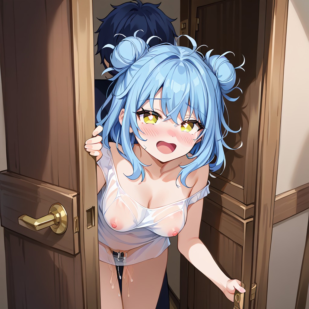 1boy 1girls ai_generated blue_frog blue_hair blush bottomless double_bun hair_buns implied_after_sex implied_sex opening_door pussy_juice pussy_juice_drip see-through see-through_clothing shirt smiling smiling_at_viewer vaginal_juices yellow_eyes