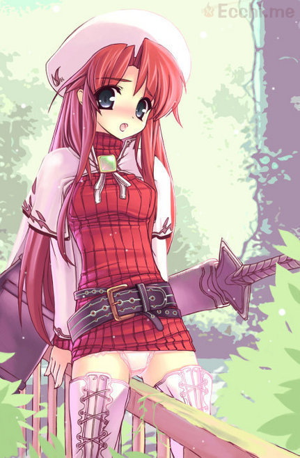 anime_nose aty blue_eyes blush fence long_hair panties pointy_chin red_hair summon_night summon_night_3 tagme thighhighs turtleneck