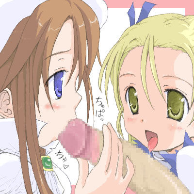 aliese aty beret blonde_hair blue_eyes blush brown_hair cape censored collaborative_fellatio fellatio group_sex hat long_hair lowres multiple_fellatio oekaki oral penis saliva sex summon_night summon_night_3 teamwork threesome tongue yellow_eyes