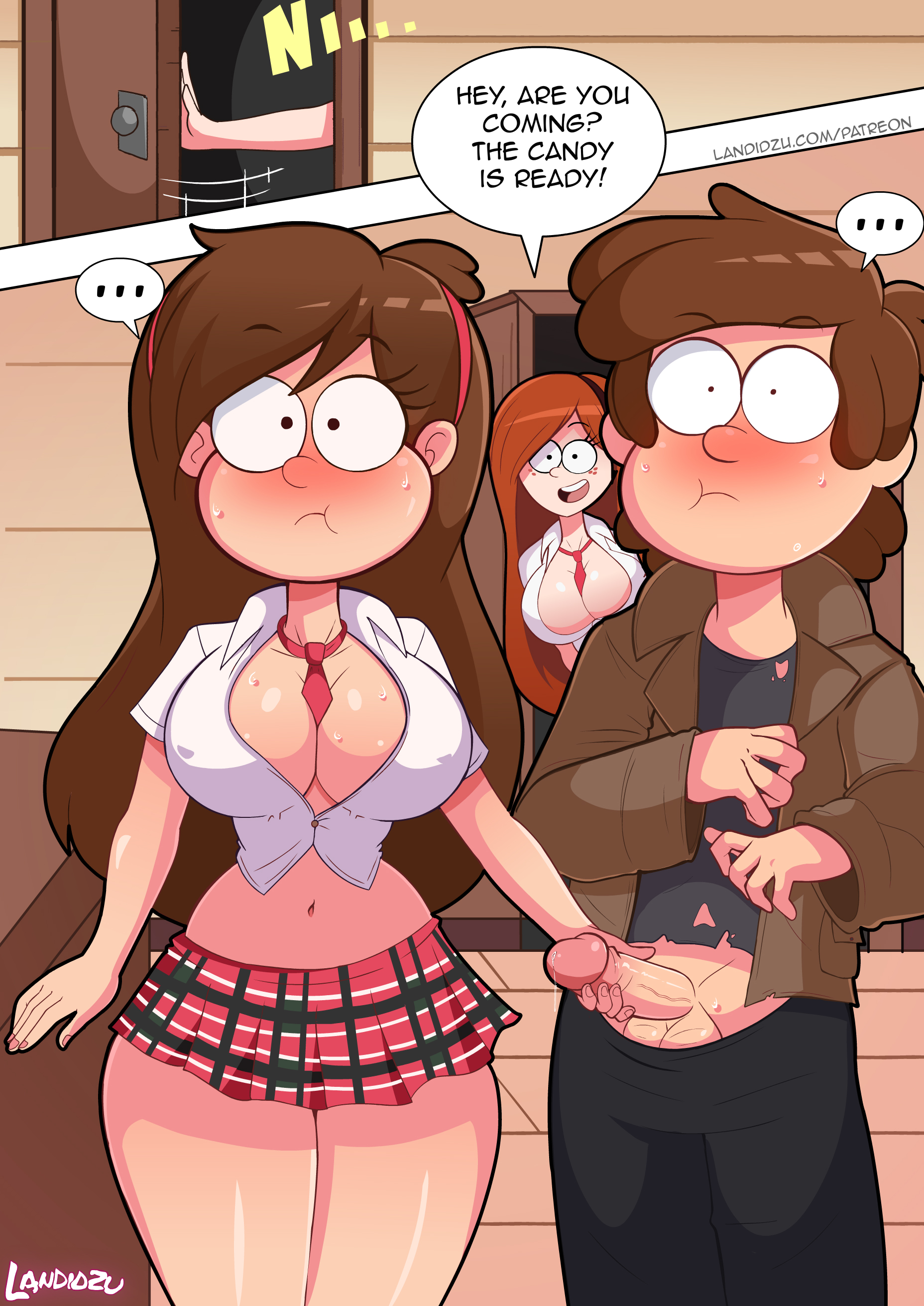 1boy, 2girls, big breasts, breasts, brown hair, brown-haired female, brown-haired male, cleavage, comic, comic page, costume, dipper pines, disney, disney channel, disney xd, english text, female, gravity falls, halloween, halloween costume, handjob, landidzu, mabel pines, male, male/female, miniskirt, revealing clothes, skimpy clothes, skirt, text, wendy corduroy
