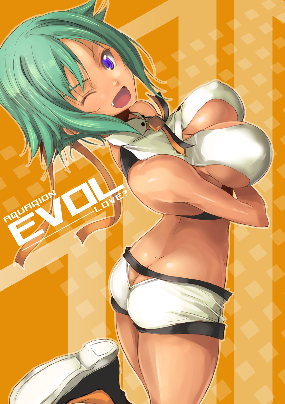 1girls aquarion_(series) aquarion_evol ass_cleavage ass_cutout blue_eyes breasts butt_crack cleavage_cutout cute_fang female fukai_ryousuke green_hair highres large_breasts long_hair looking_back sideboob solo tan wink zessica_wong