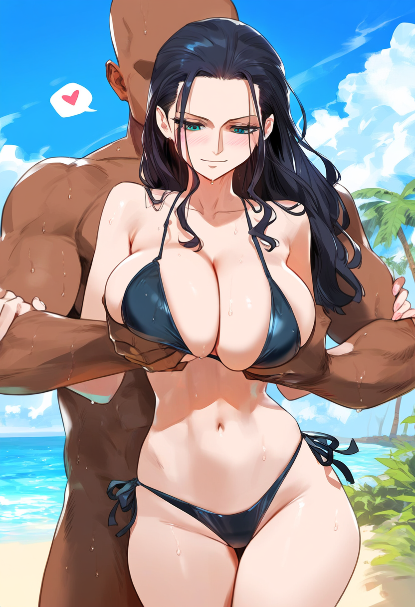 1boy 1girls ai_generated bare_arms bare_legs bare_shoulders bare_thighs big_breasts bikini bikini_bottom bikini_top black_hair blue_eyes color dark-skinned_male dark_skin female geo-san geosan hi_res interracial large_breasts light-skinned_female light_skin long_hair looking_at_viewer male male/female muscles muscular muscular_male nico_robin one_piece shounen_jump tagme thick_thighs