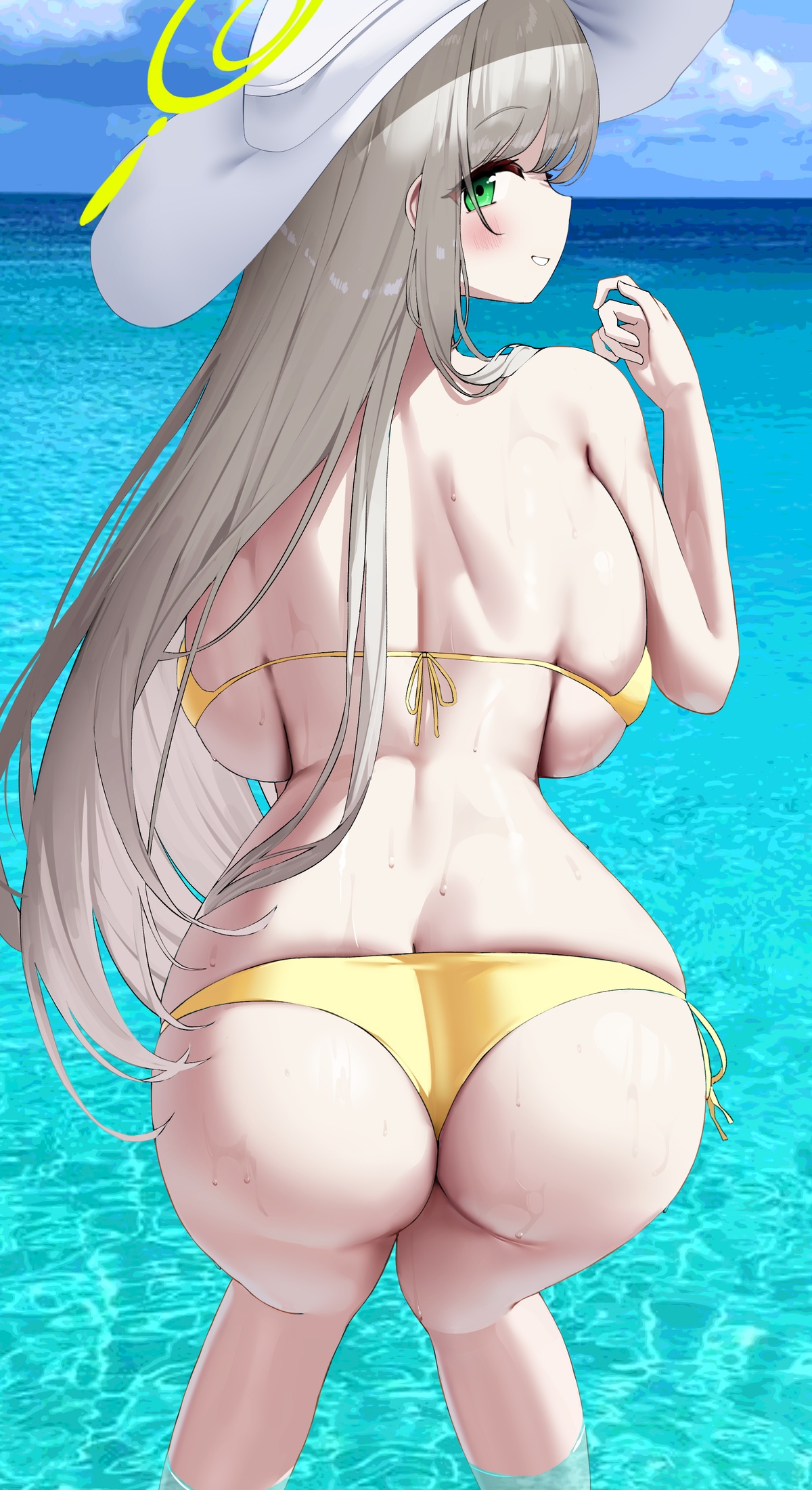 1girls, ass, backboob, bikini, blue archive, blush, breasts, breasts bigger than head, female, from behind, green eyes, halo, hat, huge breasts, light brown hair, long hair, looking back, nicorima, nonomi (blue archive), nonomi (swimsuit) (blue archive), ocean, sun hat, wet, yellow bikini