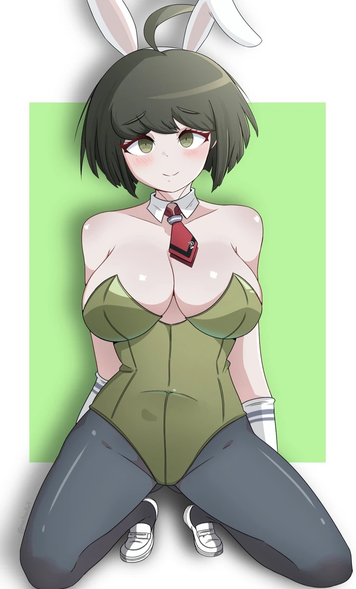 1girl 1girls ahoge arms_behind_back armwear big_breasts blush blushing brown_hair bunny_costume bunny_ears bunny_girl bunnygirl bunnysuit cleavage cute cute_girl danganronpa danganronpa_another_episode:_ultra_despair_girls danganronpa_ultra_despair_girls green_eyes large_breasts light-skinned_female light_skin looking_at_viewer matraart naegi_komaru on_knees playboy_bunny red_tie short_hair shoulders smile smiling smiling_at_viewer sneakers solo tie