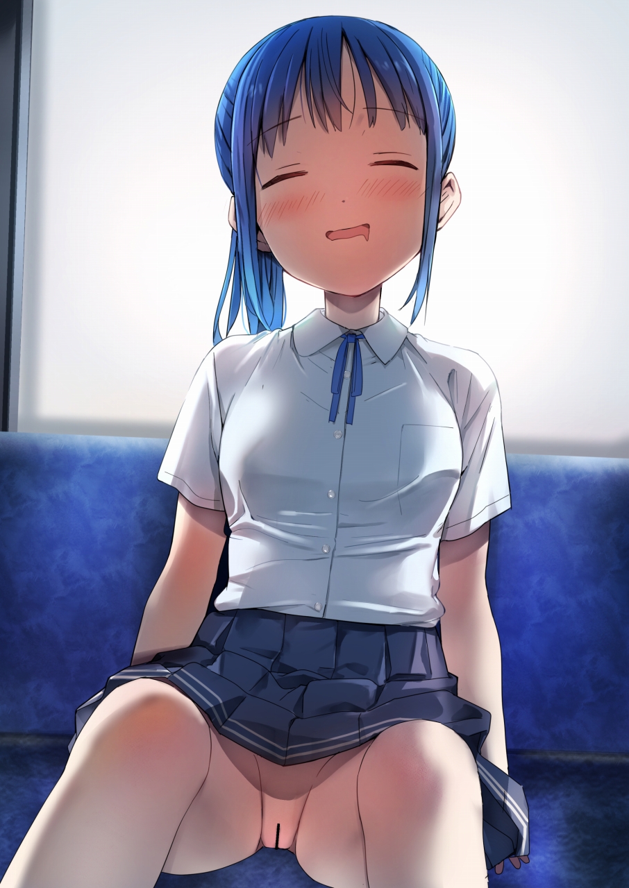 backlighting bar_censor blue_hair blue_skirt blush censored closed_eyes collared_shirt dot_nose drooling female highres natsushima_memo no_panties open_mouth original pussy shirt sitting skirt solo train_interior upskirt white_shirt window wing_collar