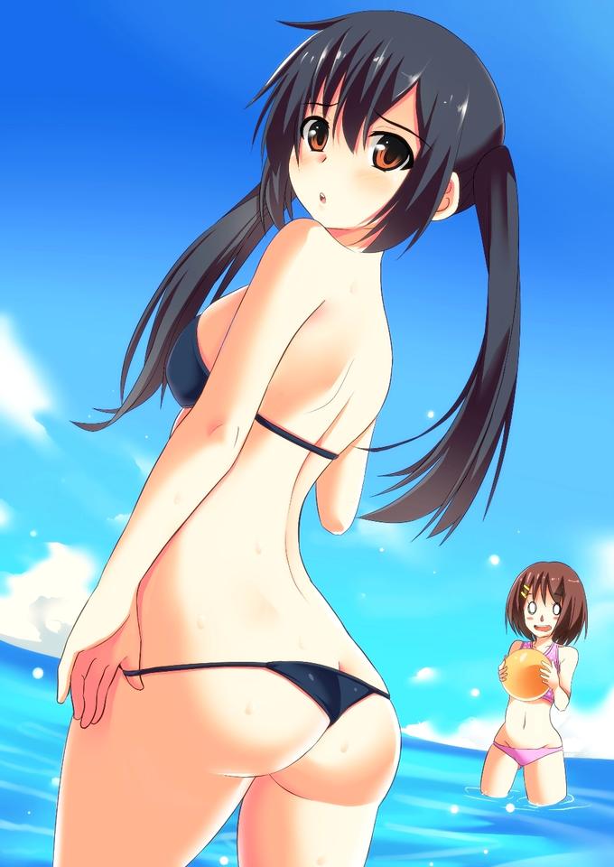 2girls ass ass ass_cheeks ass_cleavage azusa_nakano_(k-on!) back_view bikini bikini_bottom bikini_top black black_bikini breasts breasts breasts butt_crack cleavage cute_eyes dat_ass day disgusted falling_down female female_only hair hips k-on! looking_at_viewer looking_back ocean pale_skin shoulders sideboob small_bikini thick thighs thighs_apart underass worried yui_hirasawa_(k-on!)