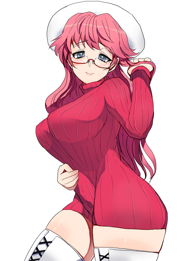 1girls ass aty big_ass big_butt blue_eyes blush breasts butt curvy female glasses half_rim_glasses hat huge_ass huge_butt large_ass large_breasts large_butt light_smile long_hair looking_at_viewer massive_ass massive_butt miyamoto_issa pink_hair semi-rimless_glasses simple_background solo summon_night summon_night_3 sweater thick_ass thick_butt thighhighs under-rim_glasses white_legwear zettai_ryouiki