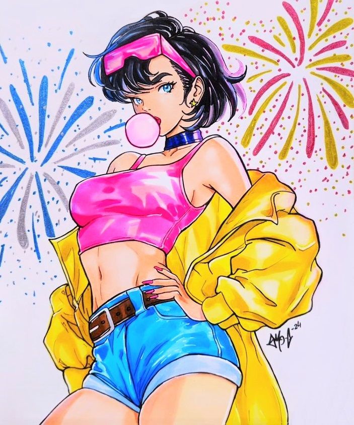 1girls blowing_bubblegum bubble_gum female female_only fully_clothed jubilation_lee jubilee marvel marvel_comics short_hair short_hair_female solo x-men