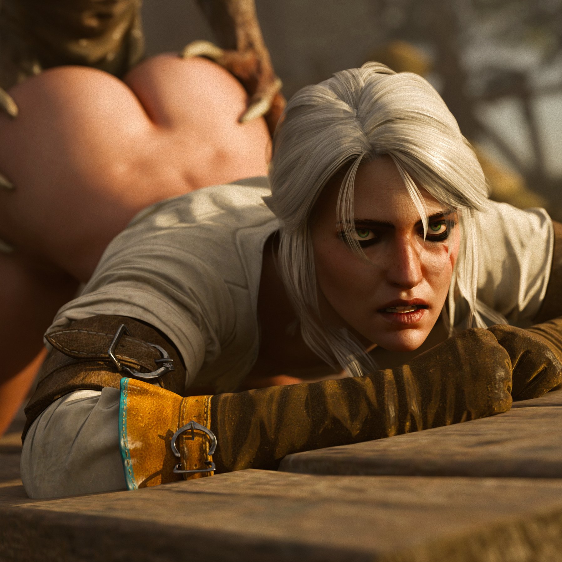 3d, ambiguous penetration, ass, ass grab, ass up, belethor's smut, brown gloves, cd projekt red, ciri, female, freckles, gloves, green eyes, half naked, half-dressed, light skin, light-skinned female, monster, nekker, outdoors, penetration, scar, sex, the witcher (series), the witcher 3: wild hunt, white hair
