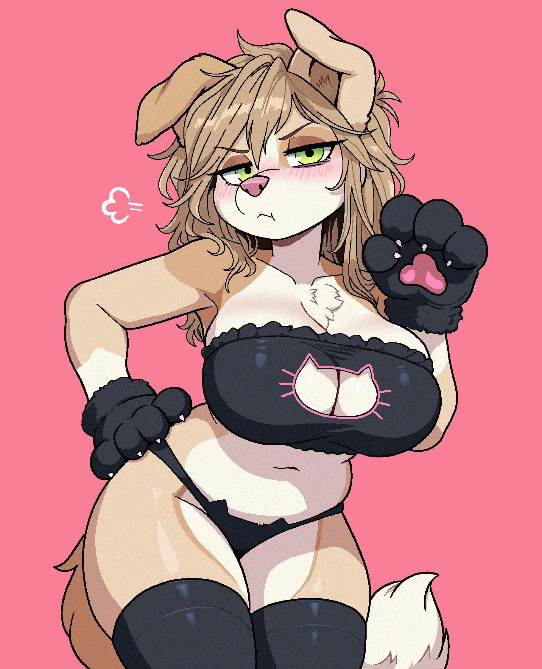 air puff, anthro, ass, belly, big ass, big belly, big breasts, big butt, black clothing, breasts, brown body, brown fur, brown hair, canid, canine, canis, cat costume, cat cutout, cat gloves, chest tuft, claws, cleavage, clothed, clothing, costume, dimmi (character), dimmi (dimwitdog), dog ears, domestic dog, eyelashes, female, from front position, fur, gloves, green eyes, half-closed eyes, handwear, hi res, legwear, looking at viewer, mammal, multicolored body, multicolored fur, narrowed eyes, pawpads, paws, pink nose, pinup, pose, pouting, slightly chubby, solo, tail, thick thighs, thigh highs, topwear, tsunoart, tube top, tuft, wide hips, yellow eyes