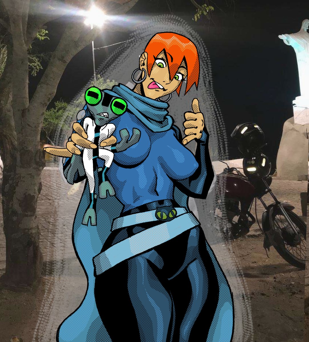:p, ben 10, ben 10 (classic), breasts, cape, child bearing hips, earrings, female, future gwen, future gwen (ben 10,000), galvan (ben 10), grey matter, gwen tennyson, hand sign, havanxes, medium breasts, orange hair, thick thighs, tight clothing