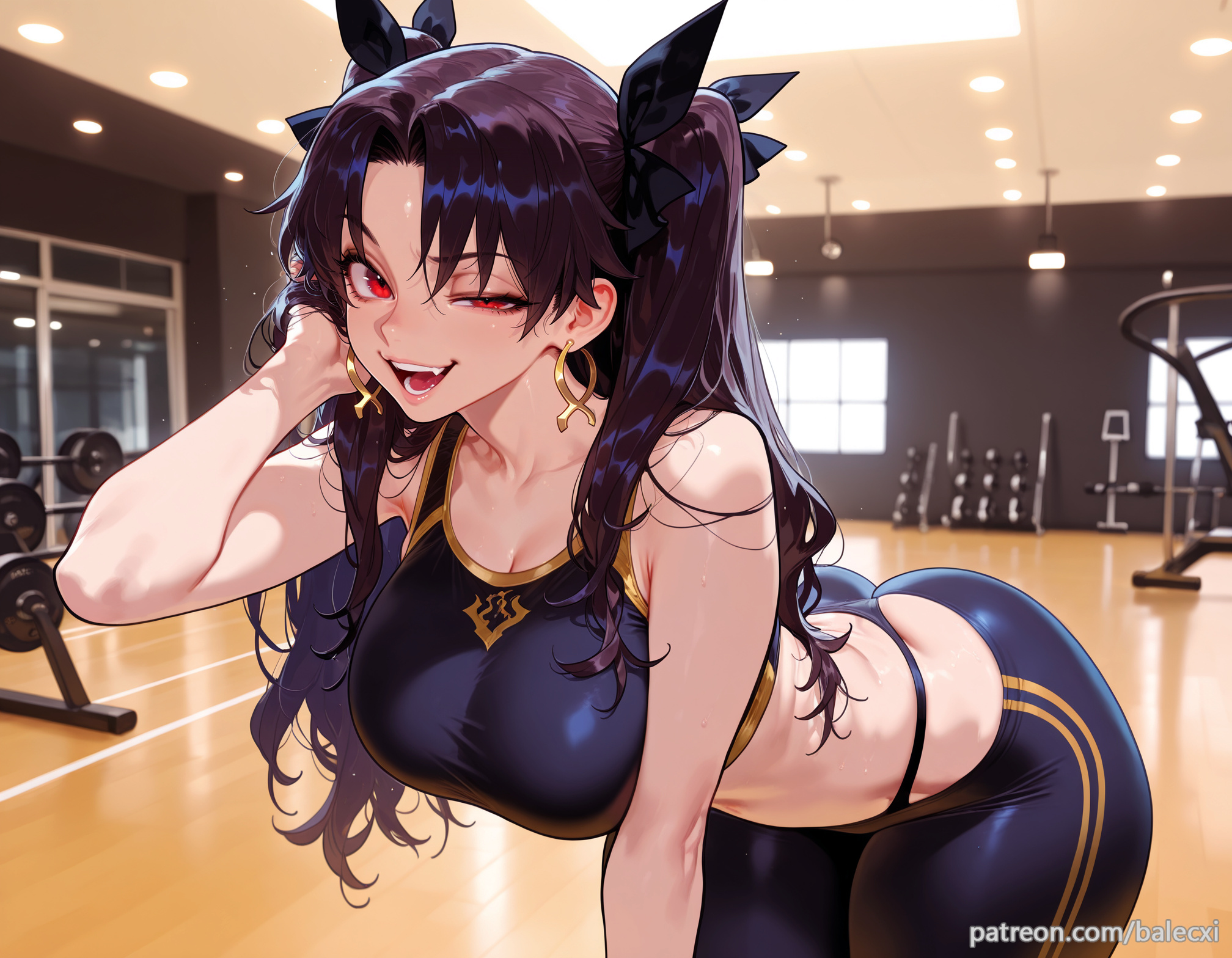 1girls, ai generated, ass, balecxi, big ass, big breasts, black hair, black sports bra, breasts, earrings, fate (series), fate/grand order, female, female only, gym, indoors, ishtar (fate), jewelry, large breasts, light skin, light-skinned female, long hair, looking at viewer, open mouth, pants, patreon username, red eyes, smile, solo, sports bra, yoga pants