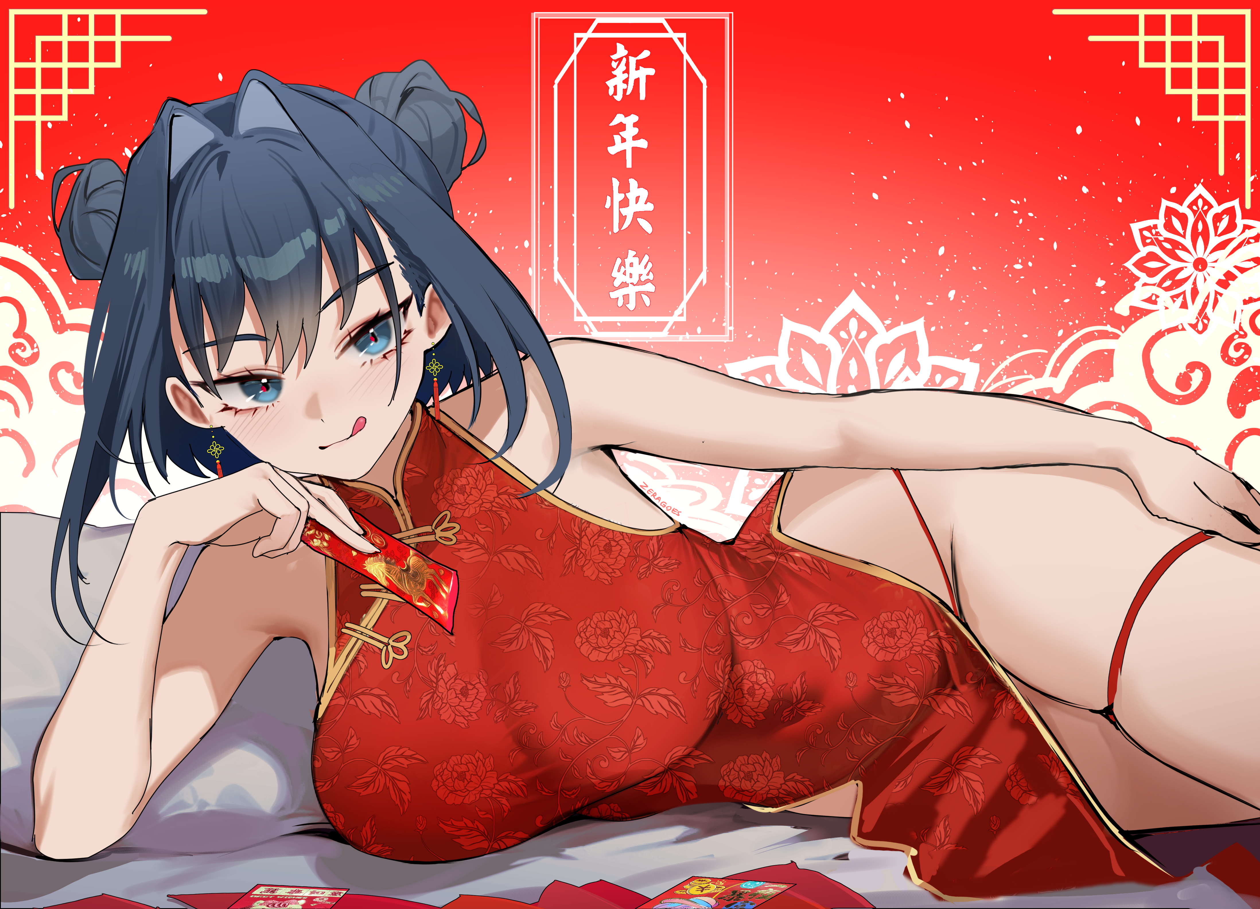 :q, absurdres, alternate costume, bare arms, blue eyes, blue hair, breasts, china dress, chinese clothes, cleavage, cleavage cutout, clothing cutout, commentary, double bun, dress, english commentary, fanged bangs, female, female only, gold trim, hair bun, hair intakes, highres, holding, hololive, hololive english, large breasts, looking at viewer, lying, on side, ouro kronii, panty straps, pelvic curtain, red dress, short hair, sleeveless, sleeveless dress, smile, solo, thigh strap, tongue, tongue out, virtual youtuber, zeragoes