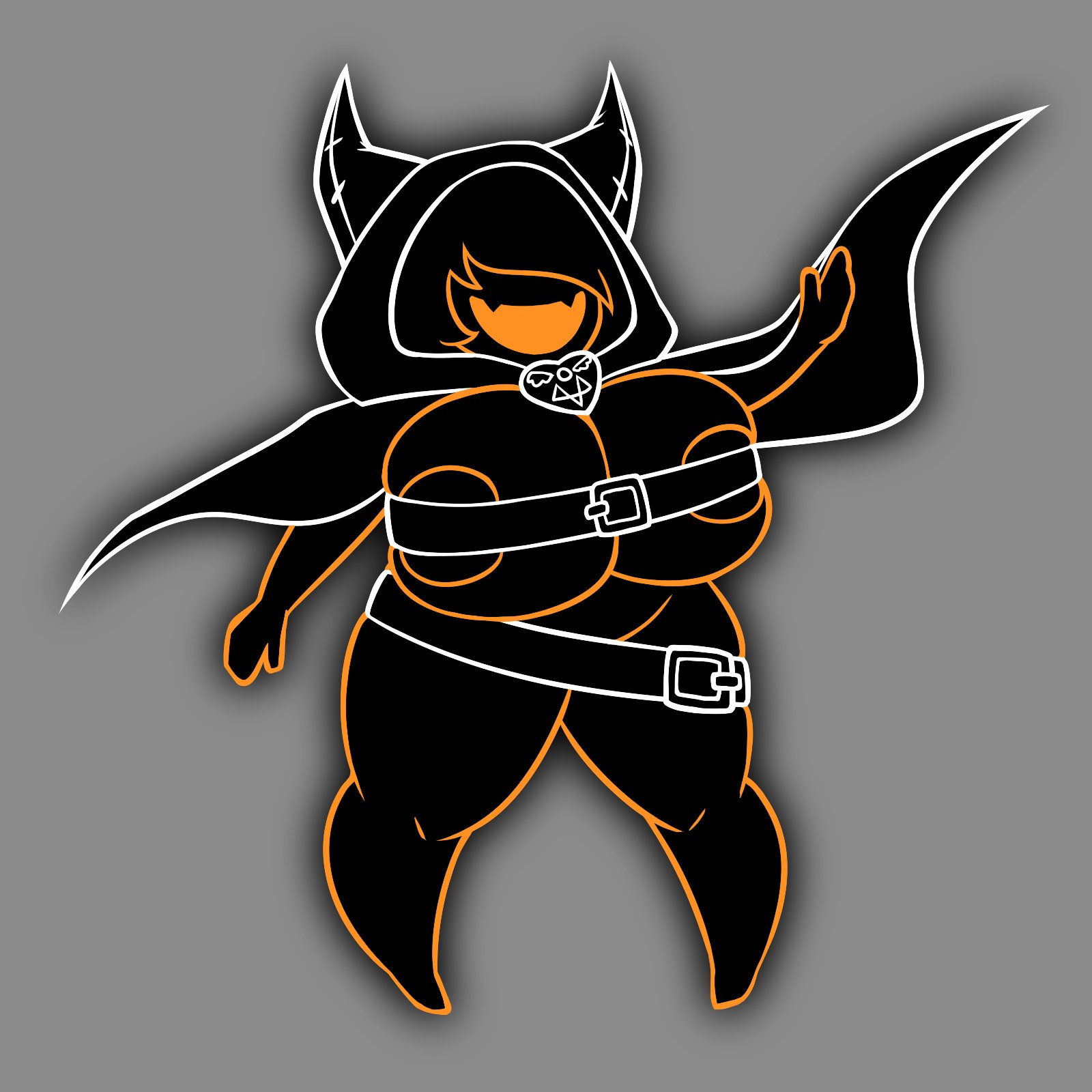 agrexoaxo, belt buckle, big breasts, bob cut, breasts, cape, cape only, delta rune (emblem), deltarune, deltarune chapter 3, eram, fangs, fangs out, female, glowing, gray background, grey background, hoodie, horns, mantle, nub feet, open mouth, orange mouth, orange outline, scallium, shadow mantle, short hair, short-haired female, thick thighs