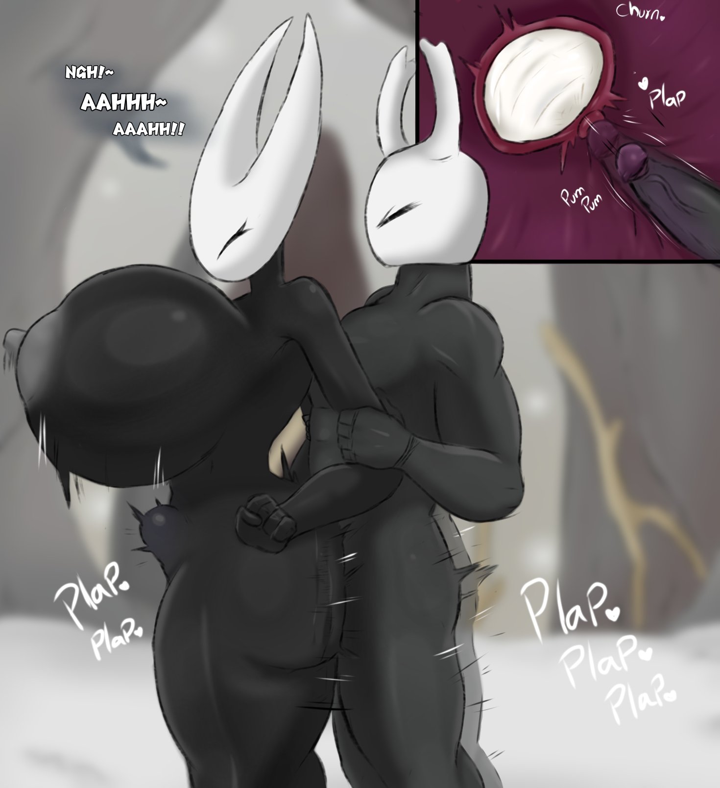 big ass, big balls, big breasts, big butt, big nipples, big penis, black body, comic panel, cum in uterus, golden toad, hollow knight, hornet (hollow knight), huge ass, insect girl, insect humanoid, insects, muscular male, penetration, penetration from behind, plap, plapping big butt, thick ass, thick thighs, thighhighs, thighs, uterus, x-ray