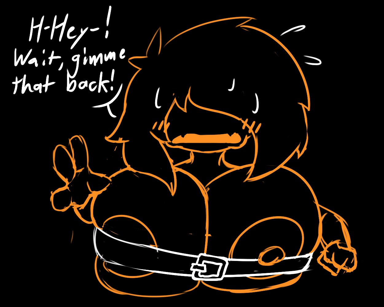 agrexoaxo, belt buckle, big breasts, black background, bob cut, breasts, deltarune, deltarune chapter 3, embarrassed, embarrassed female, english dialogue, english text, eram, fangs, fangs out, female, nipple slip, open mouth, orange mouth, orange outline, scallium, shadow mantle, short hair, short-haired female, sweat, sweating, trying to cover up
