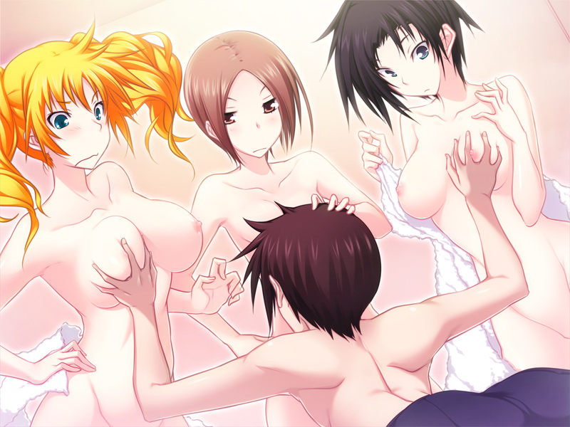 3girls accidental_foursome accidental_grope accidental_pervert black_hair blonde_hair blue_eyes blush breast_grab breasts brown_hair game_cg jinchu_lee kawagishi_keitarou large_breasts long_hair maji_de_watashi_ni_koi_shinasai! minato_soft multiple_girls naoe_yamato nude oshitari_azumi red_eyes short_hair small_breasts stacy_connor standing tied_hair twintails