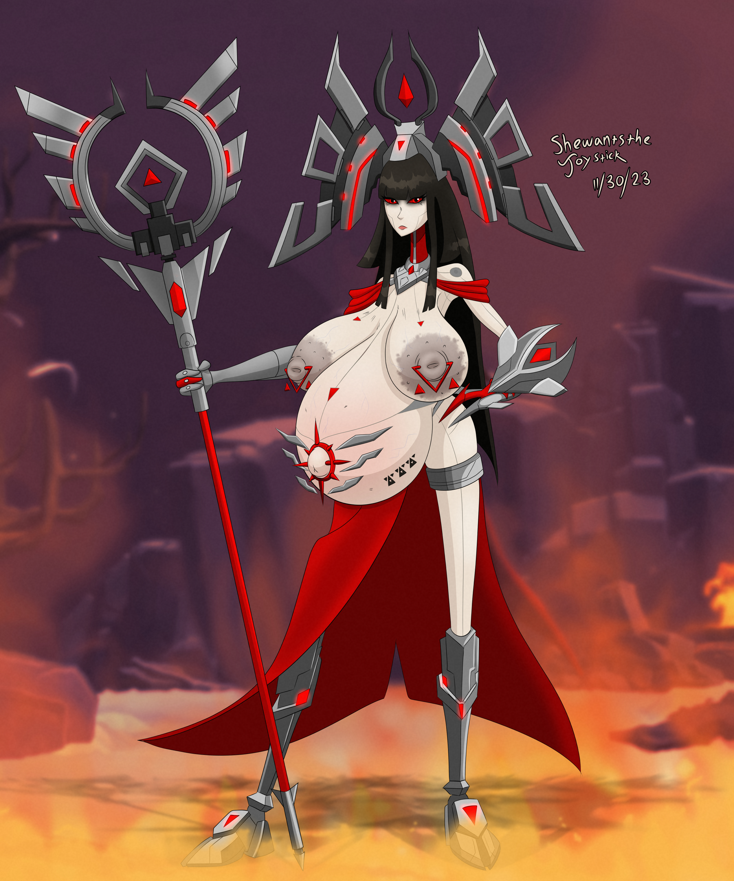 1girls, 2023, alien, alien girl, alternate body type, alternate breast size, ambra (battleborn), areolar amelanism, areolar melanosis, artist name, battleborn, belly markings, big belly, big breasts, big nipples, bluesky link, body markings, boots, breasts, dark hair, dated, face markings, fanart, female, flames, frown, functionally nude, functionally nude female, furaffinity link, game background, gauntlets, gearbox software, glands of montgomery, hand on hip, headdress, holding object, holding weapon, huge areolae, huge breasts, jennerit, jewelry, large areolae, light skin, light-skinned female, looking at viewer, mantle, navel, navel piercing, navel ring, newgrounds link, nipple piercing, nipple rings, nipples, no irises, pale skin, pale-skinned female, piercing, popped navel, pregnancy tally, pregnant, pregnant female, priestess, red sclera, sagging breasts, shewantsthejoystick, skirt, solo, staff, standing, thin waist, triangle (marking), watermark