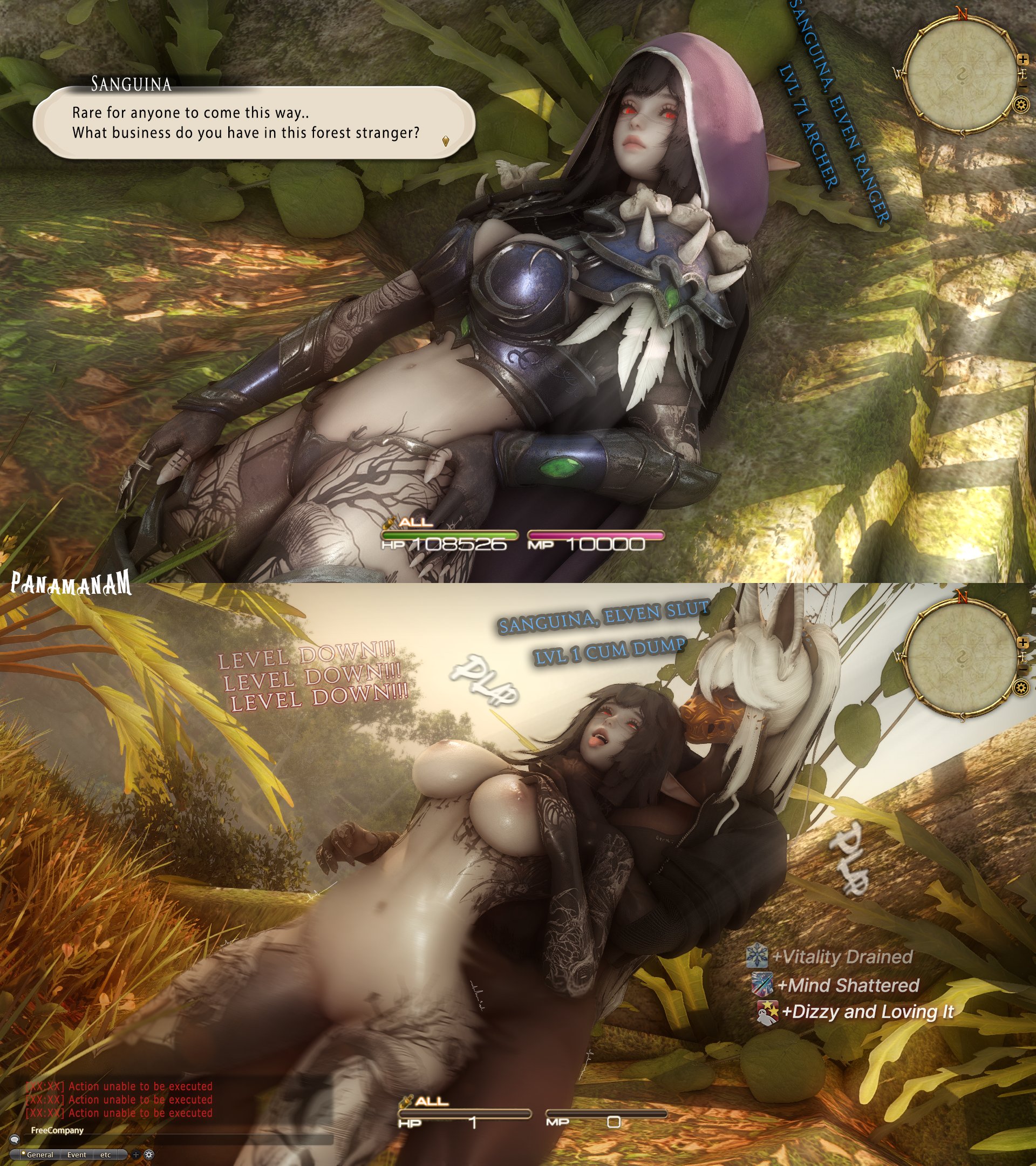 2koma, 3d, armor, attitude adjustment, before and after, big breasts, breasts, choking, class change, corrective rape, dark skin, dark-skinned futa, debuff, dickgirl, domination, draining, english text, female, final fantasy xiv, from behind, fucked from behind, fucked into submission, futa on female, futanari, game mechanics, gpose (ffxiv), grabbing, grabbing neck, hud, instant loss, instant loss 2koma, intersex, jackal, level difference, level drain, level number, neck grab, panamanam, put in place, size difference, status effect, tagme, turned submissive, used like a toy