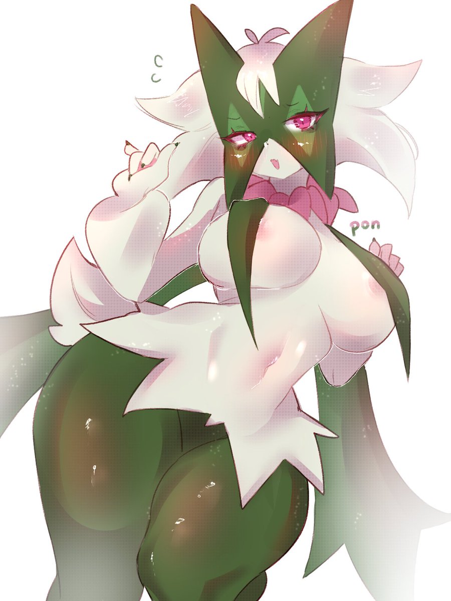 2d, anthro, areola slip, green skin, meowscarada, navel, nintendo, open mouth, pink eyes, pokemon, pokemon (species), pponpon pon, watermark, white fur, white sclera