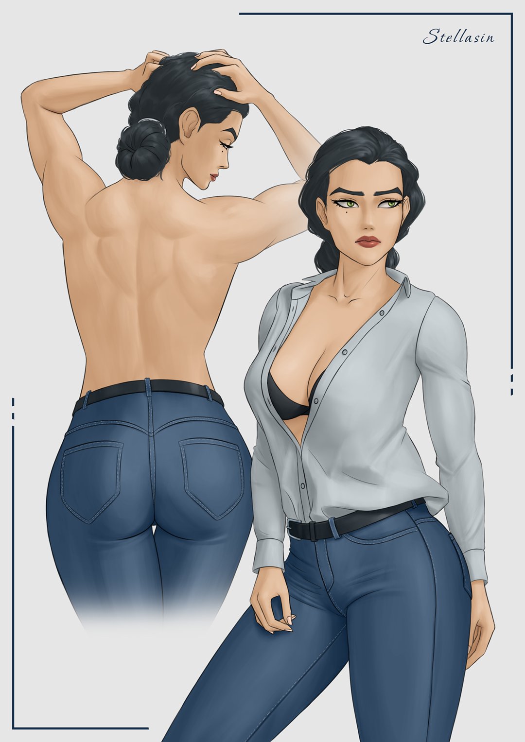 1girls, artist name, ass, avatar legends, back view, beauty mark, black hair, blue jeans, bra, buttoned shirt, casual clothes, curvy, female, green eyes, hairbun, jeans, kuvira, light skin, light-skinned female, nickelodeon, nicktoons, open shirt, solo, stellasin, the legend of korra, topless, topless jeans