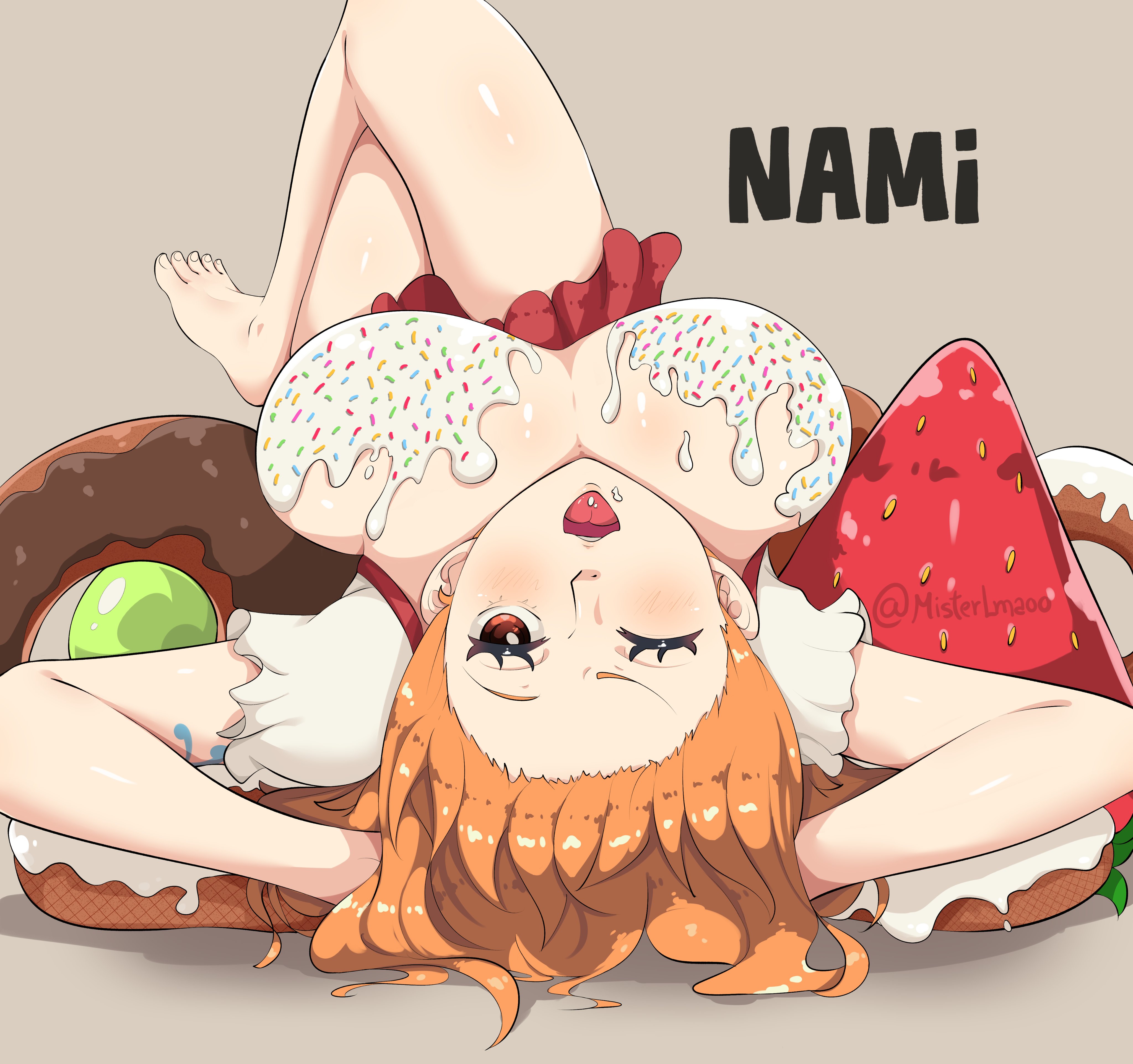 ass, big ass, big breasts, big butt, big thighs, big titties, breasts, covered nipples, curvaceous, curvaceous female, curvaceous figure, curvy, curvy figure, curvy hips, female, female only, food play, looking at viewer, misterlmaoo, nami (one piece), one piece, orange hair