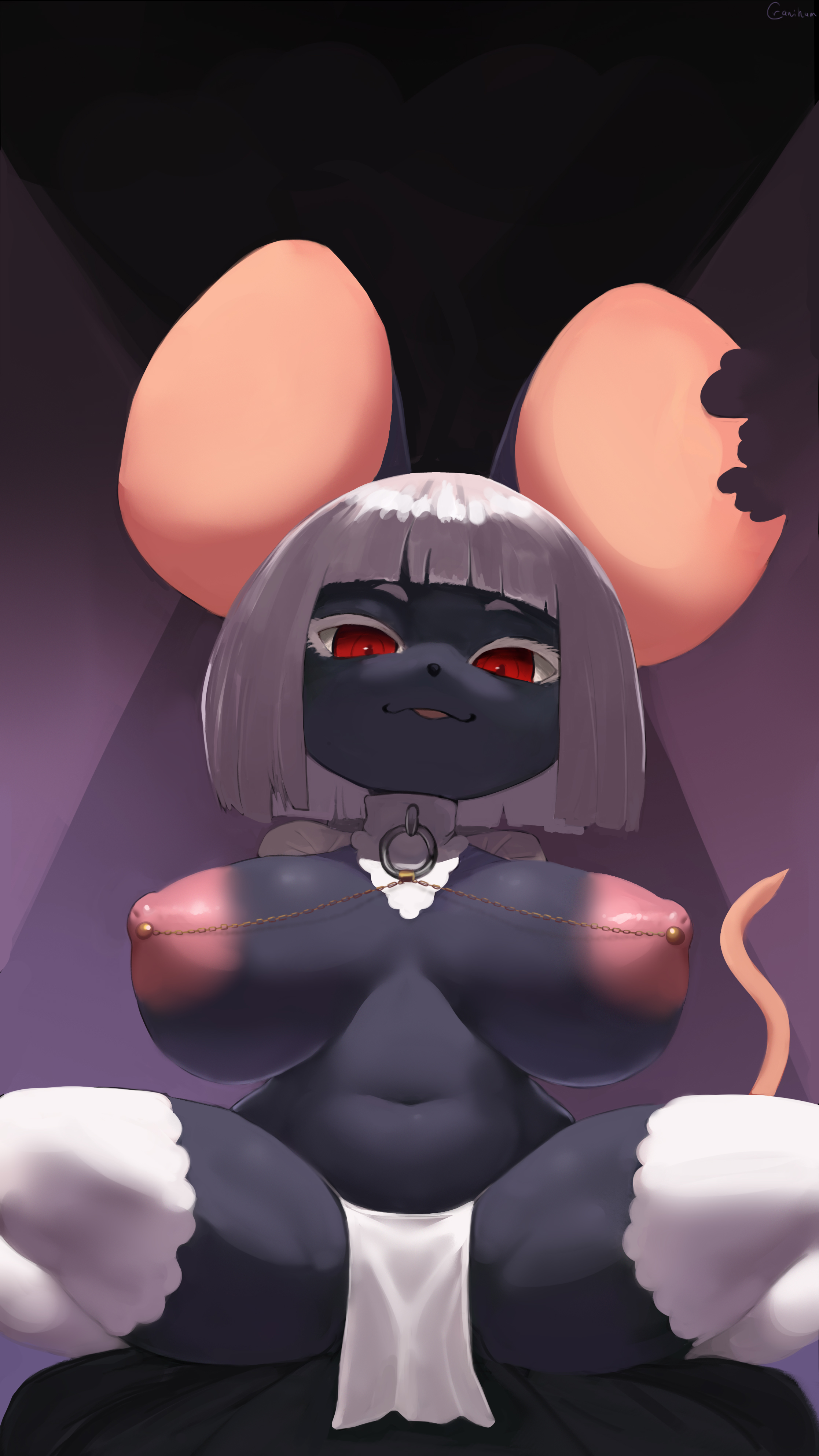 2025, absurd res, anthro, areola, big areola, big breasts, big nipples, black body, black fur, breasts, cranihum, female, fur, hi res, huge areola, huge breasts, huge nipples, looking at viewer, mammal, mostly nude, mouse, murid, murine, nipple piercing, nipples, piercing, red eyes, rodent, smile, smiling at viewer, solo, white hair
