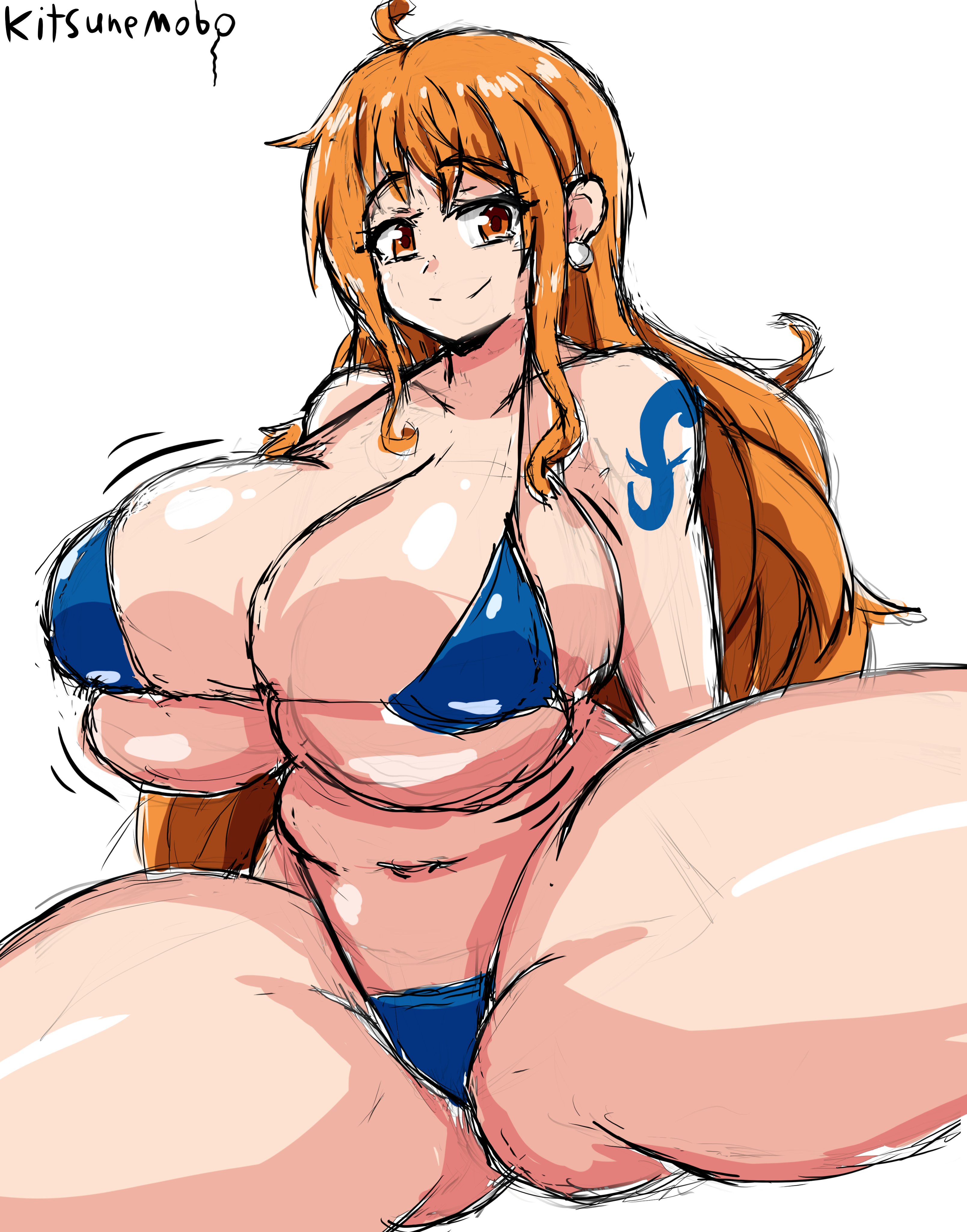 artist name, ass, ass visible through thighs, blue bikini, breasts, closed eyes, curvy, female, female only, gigantic breasts, gigantic thighs, huge ass, huge thighs, kitsunemobo, legs apart, nami (one piece), one piece, plump, post-timeskip, rough sketch, smile, tareme, thick thighs, voluptuous, wide hips