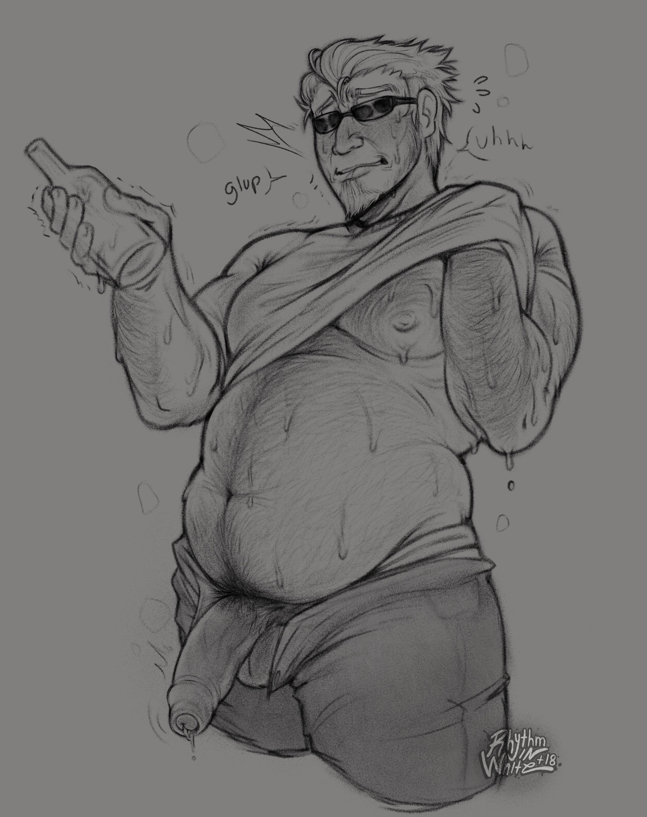 alcohol, balls, beer, big belly, drunk, drunk male, fat man, hair, hairy male, male, male only, monochrome, overweight, overweight male, penis, penis out, penis out of pants, penis out of underwear, postal (series), postal dude, rhythminwhite, shirt, shirt lift, solo, solo male, sunglasses, sunglasses on head, sweat, sweating, sweaty