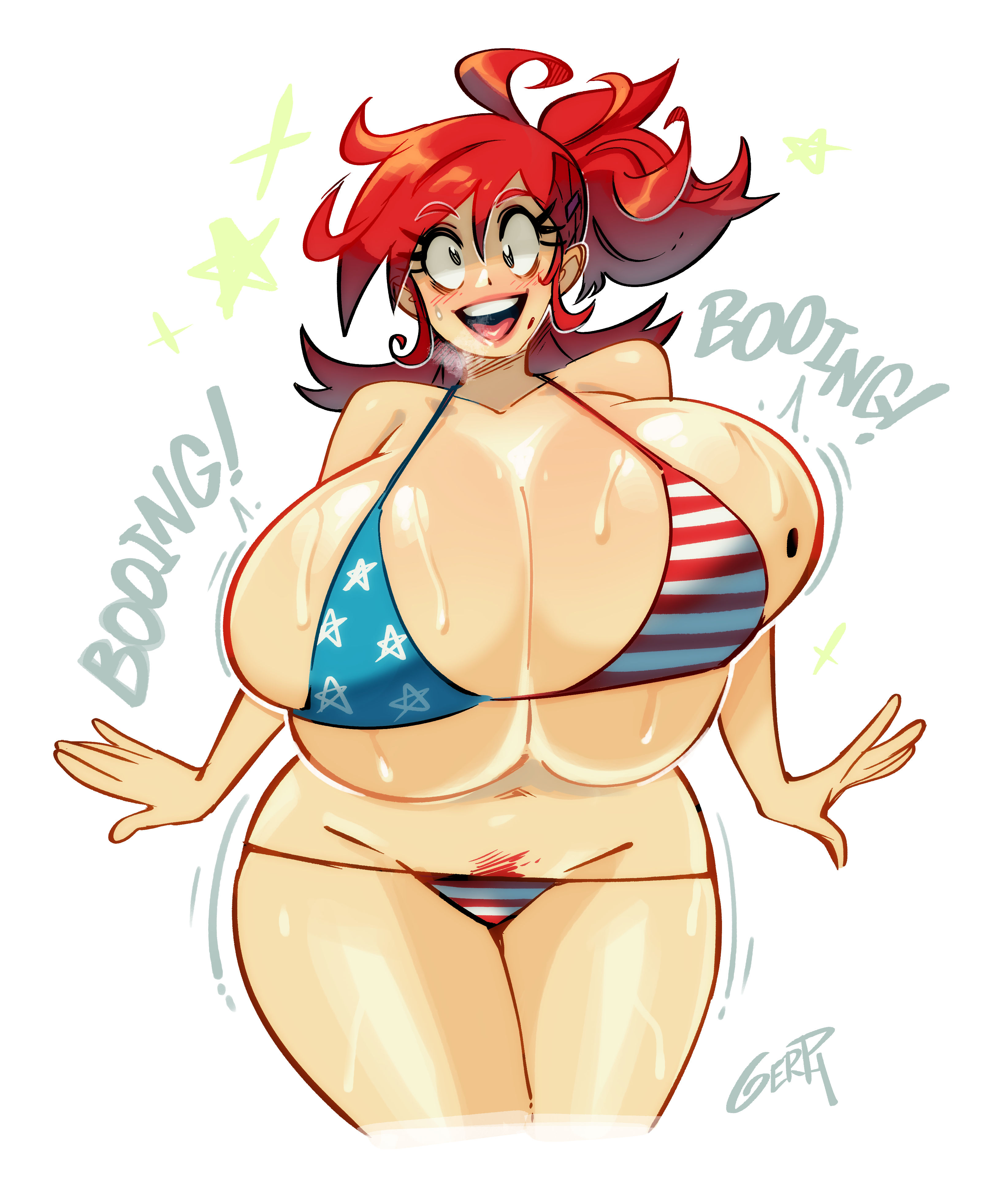 1girls, 4th of july, ahe gao, american flag, american flag bikini, american flag print, ass, big ass, big breasts, bikini, blush, blushing, bottom heavy, breasts, breasts bigger than head, cartoon network, cleavage, clueless, enormous breasts, female, foster's home for imaginary friends, frankie foster, gerph, gigantic breasts, green eyes, huge breasts, hyper breasts, imaginary frankie, large breasts, light skin, light-skinned female, long hair, micro bikini, mindless, mole on breast, open mouth, plump, ponytail, pubic hair, red hair, simple background, solo, solo female, solo focus, steam, steaming body, steamy breath, sweat, sweatdrop, sweating, sweaty, sweaty body, text, thick thighs, thunder thighs, top heavy, venus body, voluptuous, voluptuous female, white background, wide hips