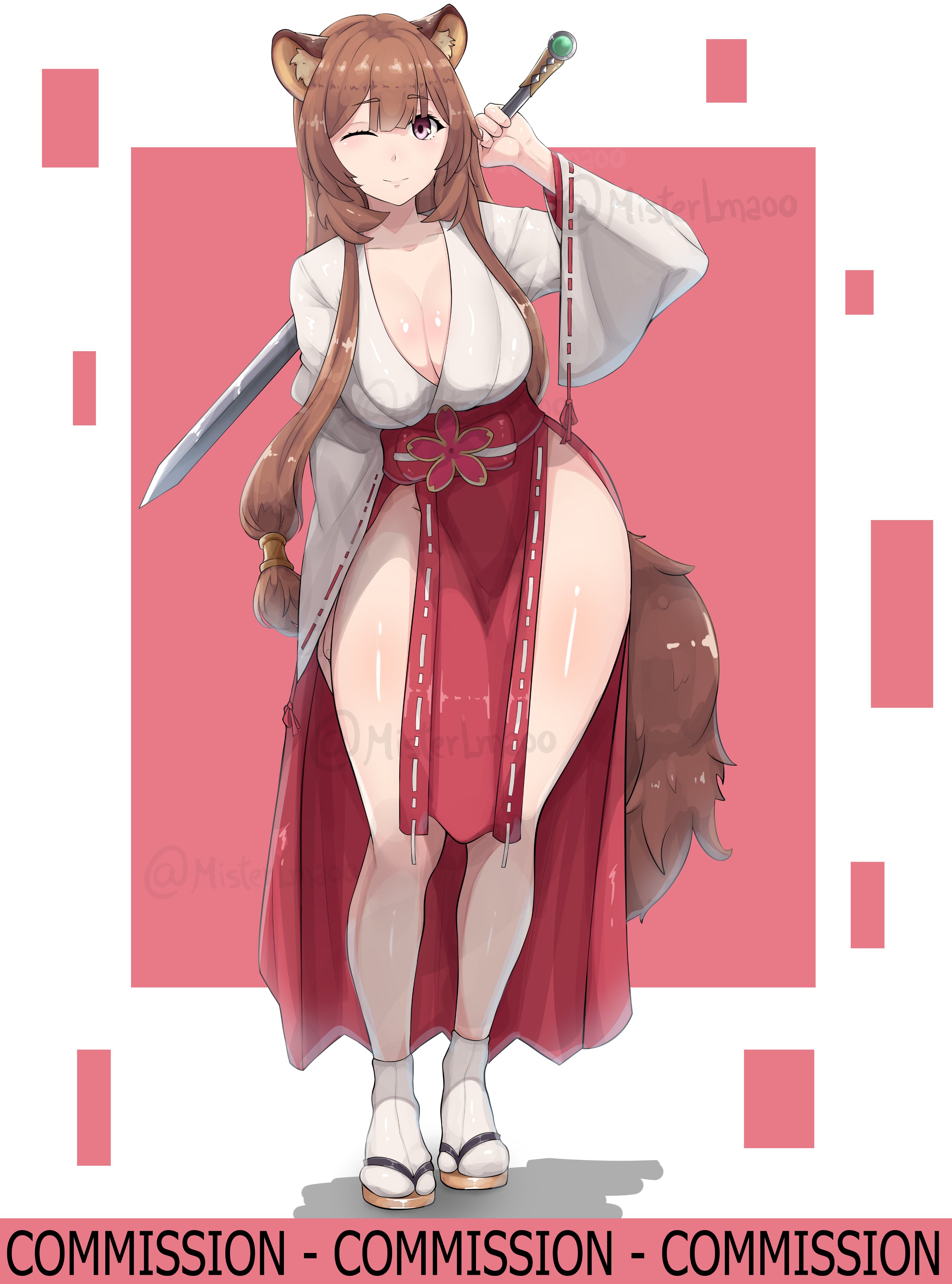 animal ears, animal tail, ass, big ass, big breasts, big butt, big titties, breasts, brown hair, clothing, curvaceous, curvaceous female, curvaceous figure, curvy, curvy figure, curvy hips, female, female focus, female only, long hair, looking at viewer, misterlmaoo, raphtalia, tate no yuusha no nariagari, the rising of the shield hero