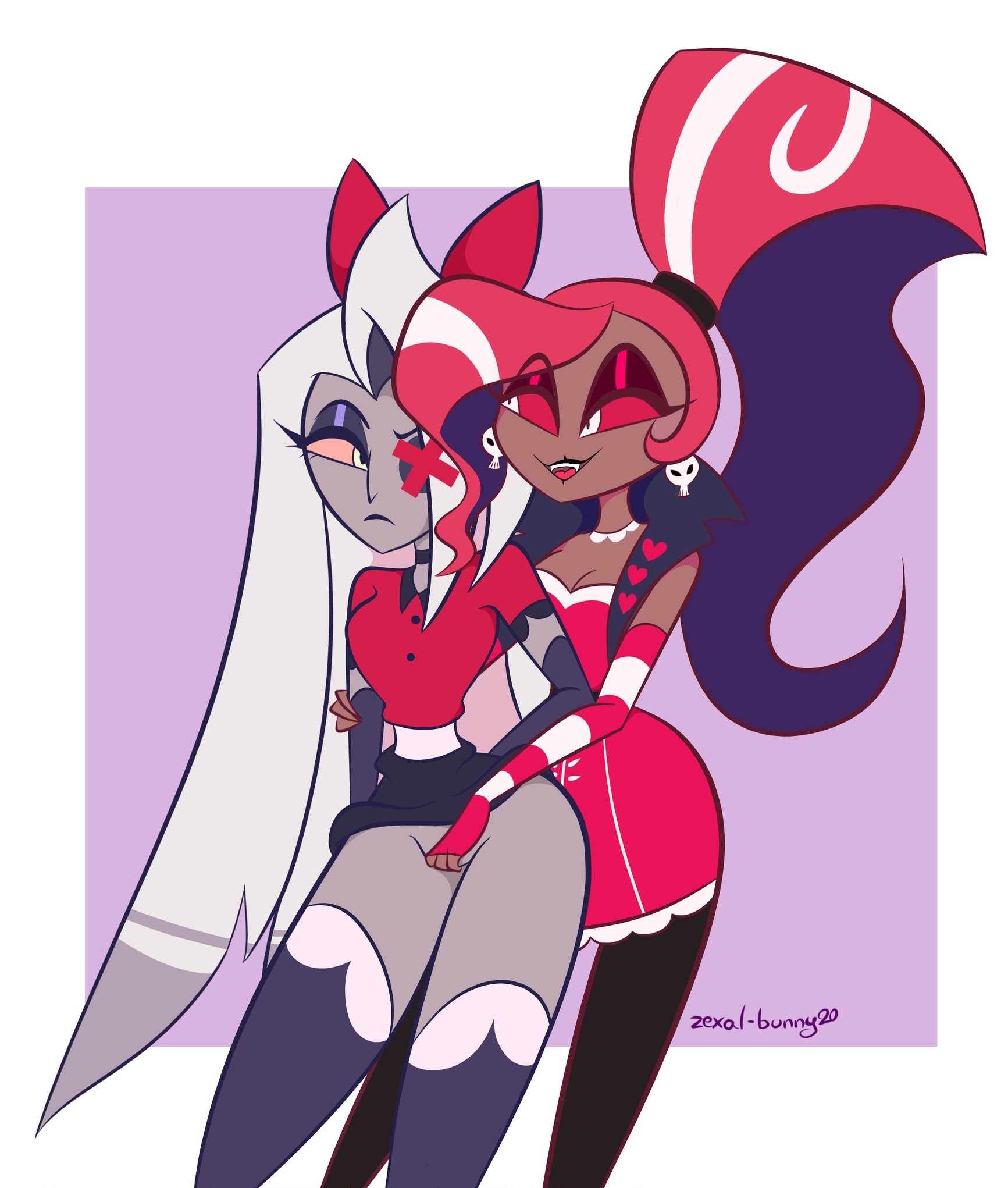 2girls, angel, breasts, dark skin, dark-skinned female, demon, duo, fallen angel, female, female only, female/female, grey body, hair, hazbin hotel, hellaverse, masturbation, multiple females, multiple girls, nipples, open mouth, open smile, partially clothed, pussy, red hair, sex, smile, standing, starlightpearl, thick thighs, tongue, vaggie (hazbin hotel), vaginal masturbation, velvette, white body, yuri, zexal-bunny20