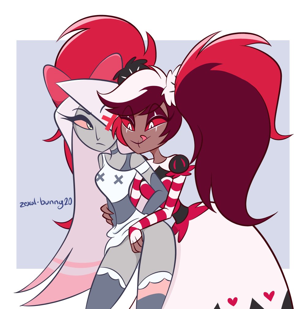 2girls, angel, breasts, dark skin, dark-skinned female, demon, duo, fallen angel, female, female only, female/female, grey body, hair, hazbin hotel, hazbin hotel (pilot), hellaverse, masturbation, multiple females, multiple girls, nipples, partially clothed, pussy, red hair, sex, smile, standing, starlightpearl, thick thighs, tongue, tongue out, vaggie (hazbin hotel), vaginal masturbation, velvette, velvette old design, white body, yuri, zexal-bunny20