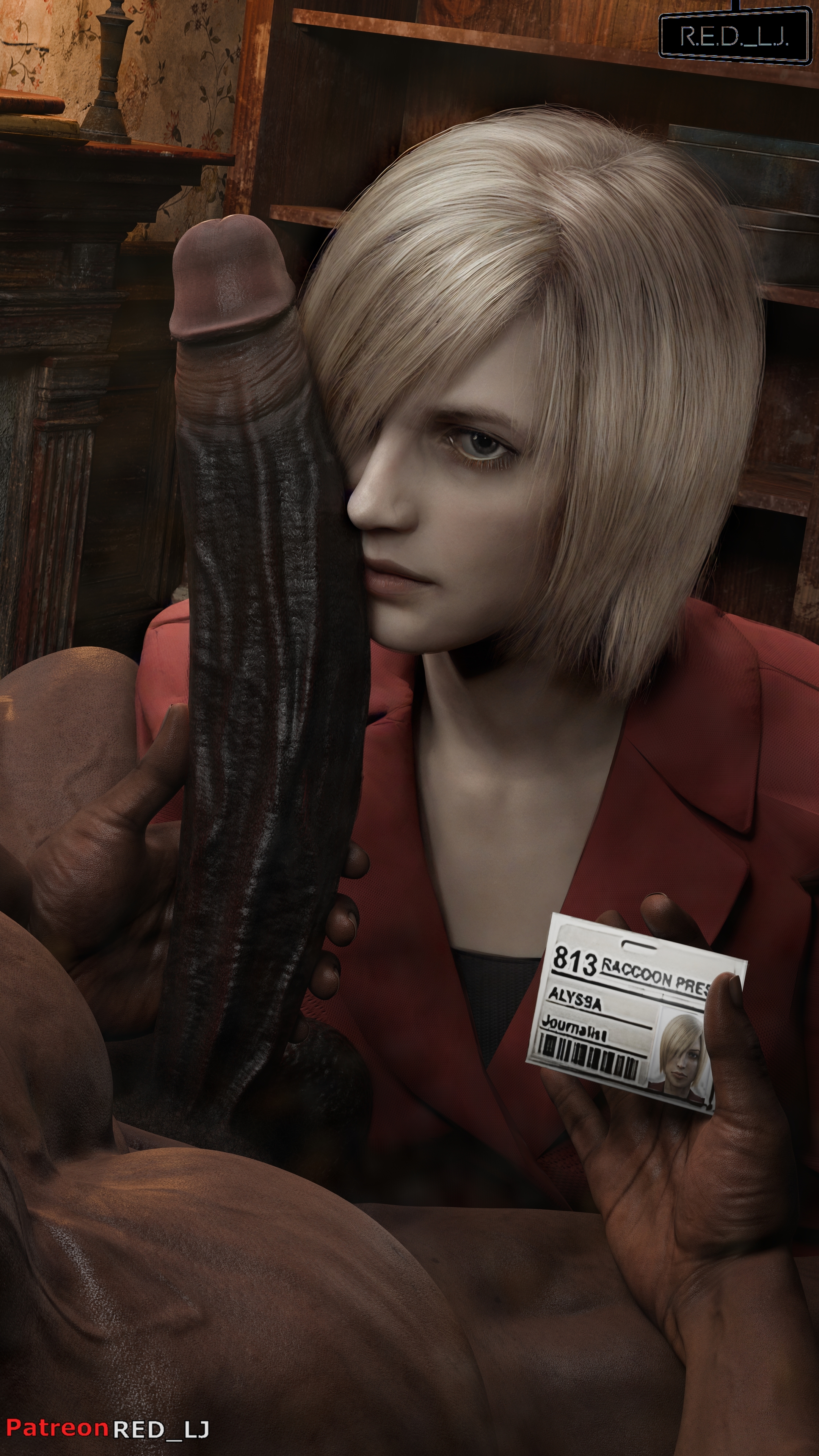1boy, 1girls, 3d, alyssa ashcroft, artist upload, big penis, biohazard, blender (software), blonde female, blonde hair, blue eyes, capcom, clothed, clothed female, clothed female nude male, cock, completely nude, covered eyes, dark skin, dark-skinned male, duo, duo focus, erect penis, erection, eyes covered, female, hair over one eye, huge cock, id card, indoors, interracial, looking at viewer, male, male/female, muscular, muscular male, nude, nude male, patreon, penis, penis on face, red lj, resident evil, resident evil outbreak, self upload, unseen male face, veiny penis, watermark