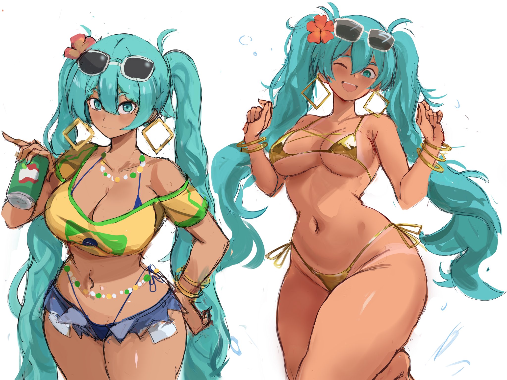 1girl, 1girls, aqua eyes, aqua hair, bangle, bare shoulders, bikini, bracelet, brazilian miku, breasts, can, cleavage, cowboy shot, crop top, curvy, denim, denim shorts, earrings, eyewear on head, female, flower, gold bikini, golden bikini, hair between eyes, hair flower, hair ornament, hand on hip, hatsune miku, highleg, highleg bikini, holding, holding can, hoop earrings, jewelry, large breasts, long hair, looking at viewer, micro bikini, micro shorts, multiple views, navel, necklace, one eye closed, open mouth, rakeemspoon, shirt, shorts, side-tie bikini bottom, simple background, sketch, smile, string bikini, sunglasses, swimsuit, tan, tanlines, thighs, twintails, very long hair, vocaloid, white background, yellow bikini