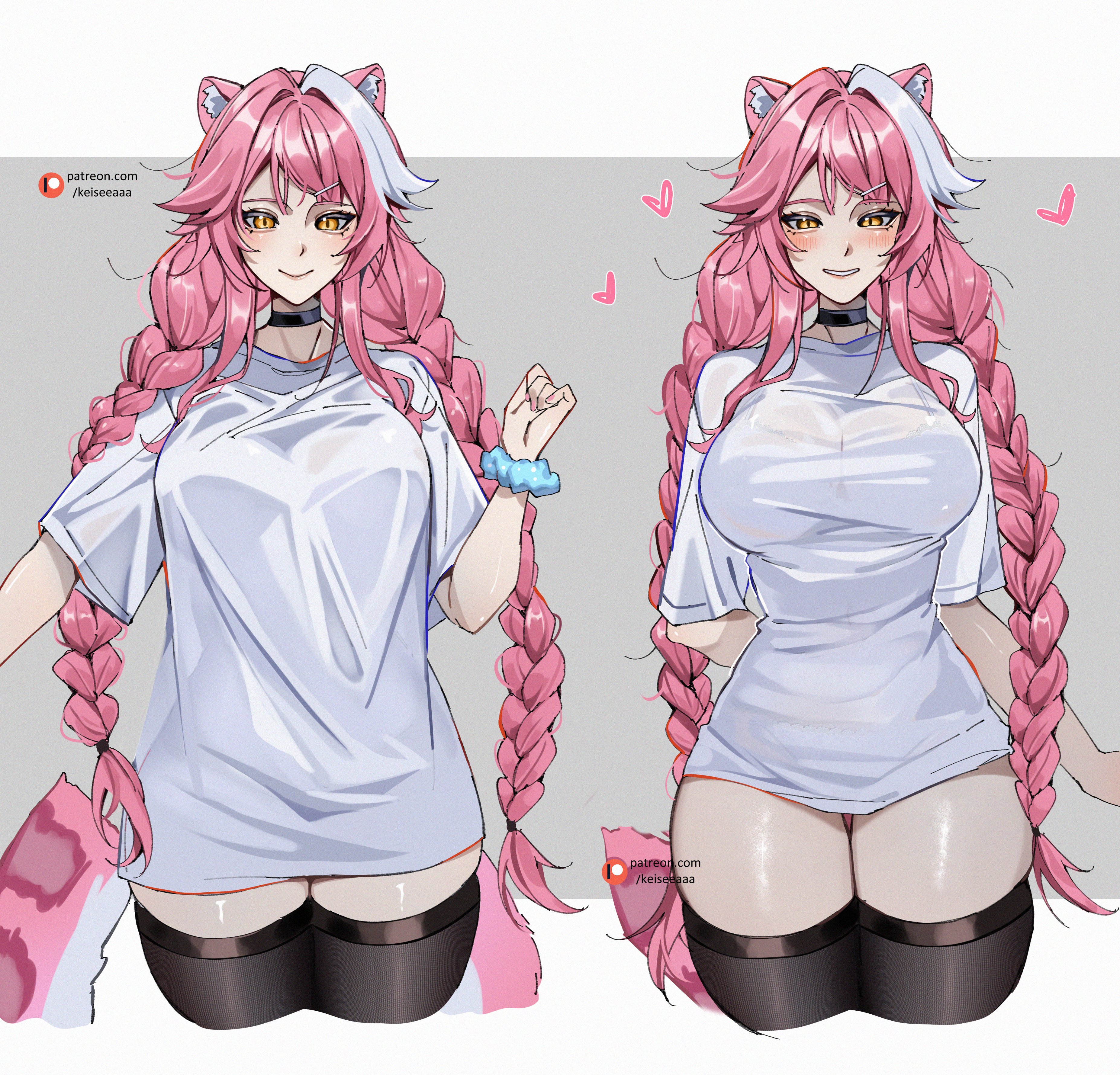 1girls, absurdres, animal ears, black choker, blue scrunchie, blush, braid, breasts, choker, closed mouth, commentary, cropped arm, cropped legs, english commentary, female, fingernails, grin, hair intakes, heart, highres, hololive, hololive english, hololive english -justice-, hourglass figure, human, human female, keisea, large breasts, light-skinned female, long hair, looking at viewer, meme, multicolored hair, nail polish, pajamas challenge (meme), panther ears, panther girl, panther tail, pink hair, pink nails, raora panthera, scrunchie, shirt, shirt tug, short sleeves, simple background, slim waist, smile, solo focus, streaked hair, t-shirt, tail, thick thighs, thighhighs, thighs, twin braids, twintails, two-tone hair, very long hair, virtual youtuber, white background, white shirt, wide hips, wrist scrunchie, yellow eyes