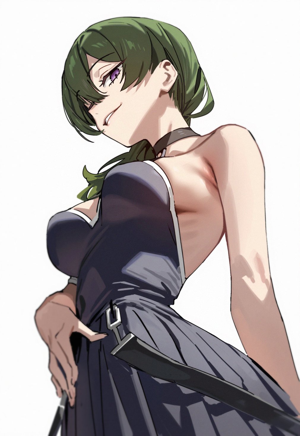 1girls, adult, adult female, armpit, armpit crease, armpit fetish, armpit peek, armpits, black clothes, black dress, black outfit, black topwear, breasts, busty, busty female, choker, clothes, dress, female, female focus, female only, fingernails, fingers, green hair, green-haired female, grin, grinning, grinning at viewer, hair between eyes, hairless armpits, high resolution, highres, hourglass figure, l.u.v, large breasts, lean figure, long hair, looking at viewer, looking down, looking down at viewer, mature, mature female, narrow waist, outfit, parted lips, ponytail, purple eyes, purple-eyed female, seductive grin, shaved armpits, shoulders, side ponytail, simple background, slender body, slender waist, slim waist, smile, smiley face, smiling, smiling at viewer, smug grin, solo, sousou no frieren, standing, topwear, ubel (sousou no frieren), underboob, upper body, white background, wide hips