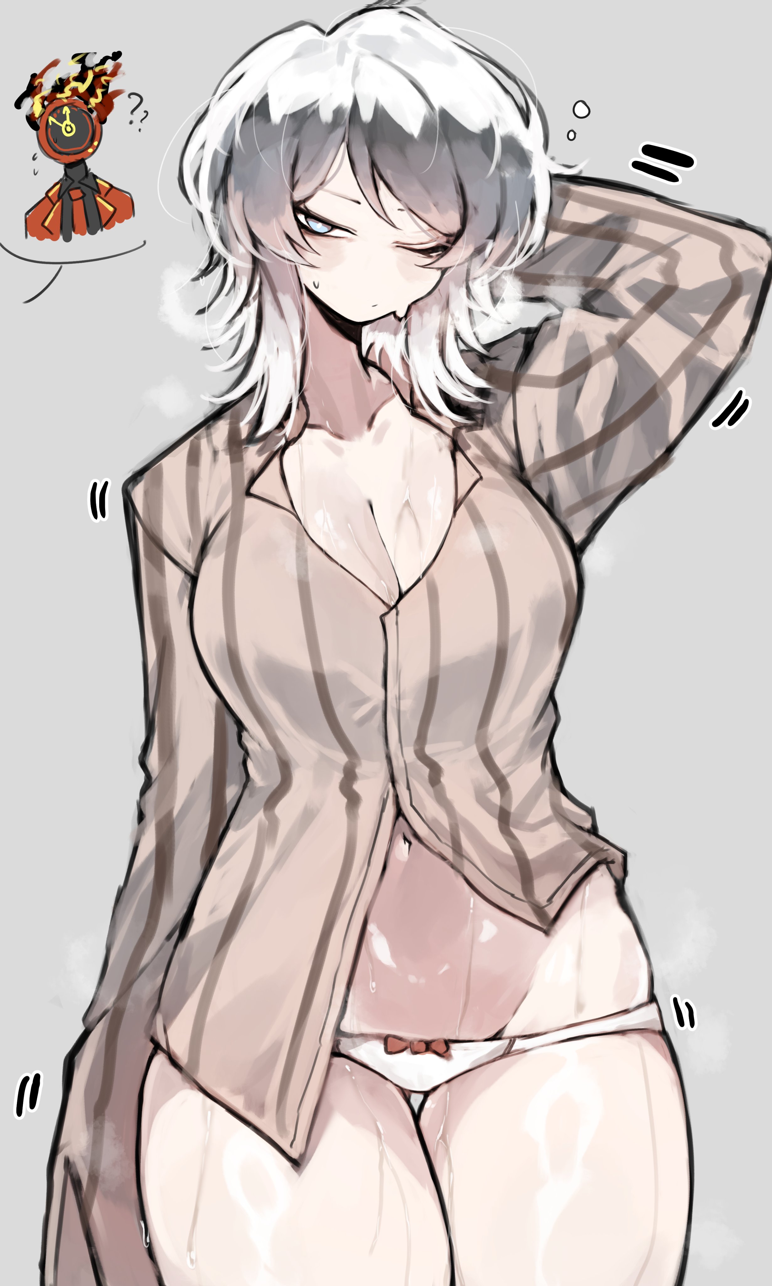 1girls, ambiguous gender, big breasts, blue eyes, blush, bottomless, breasts, dante (limbus company), faust (limbus company), female, limbus company, looking at viewer, one eye closed, panties, partially clothed, project moon, ribbon, shigezie, short hair, sleepy, standing, sweat, sweating, sweating female, thick thighs, wet, white hair