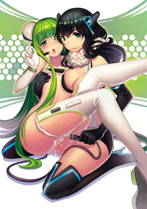 2girls black_hair black_legwear blush bra bra_lift breasts cable cleavage console-tan controller female game_controller green_eyes green_hair hair_ornament kneeling large_breasts legs long_hair long_legs microsoft multiple_girls navel open_mouth panties panty_pull personification ps3-tan pussy pussy_juice saidyiiii sony spread_legs thighhighs thighs underwear white_legwear xbox_360-tan yuri