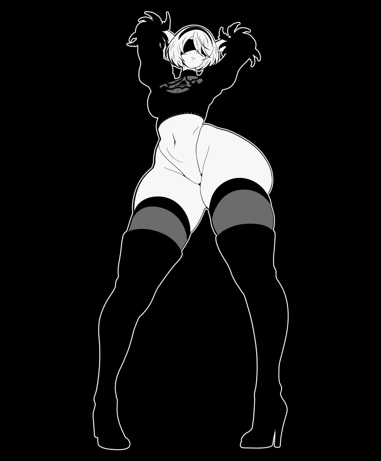 1girls, 2020s, 2025, 2d, 2d (artwork), black blindfold, black hairband, blindfold, blindfolded, blindfolded female, celebelian, clothed, clothed female, female, female only, hairband, hips, light skin, light-skinned female, nier, nier (series), nier: automata, solo, solo female, solo focus, standing, tall female, tall woman, video game character, white hair, white-haired female, wide hips, yorha 2b