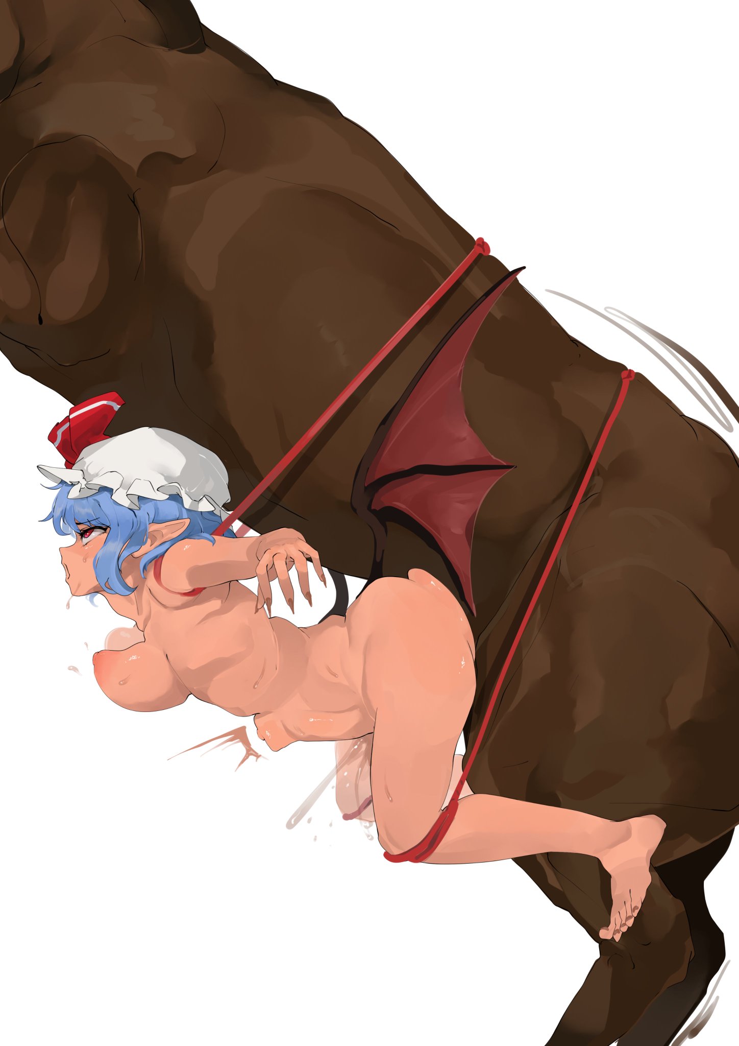 animal genitalia, animal penis, beastiality, belly riding, blue hair, bulge, cocksleeve, dominant feral, elf, elf ears, equine, eyeliner, female, female on feral, femsub, feral, feral on female, feral penetrating, horse, horsecock, human cocksleeve, remilia scarlet, tied, tied up, touhou, touhou project, yazakaza, zoophilia